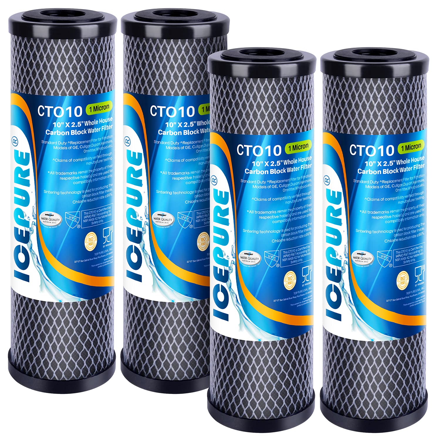 ICEPURE 1 Micron 2.5" x 10" Whole House CTO Carbon Sediment Water Filter Cartridge Compatible with DuPont WFPFC8002, WFPFC9001, SCWH-5, WHCF-WHWC, WHCF-WHWC, FXWTC, CBC-10, RO Unit, Pack of 4