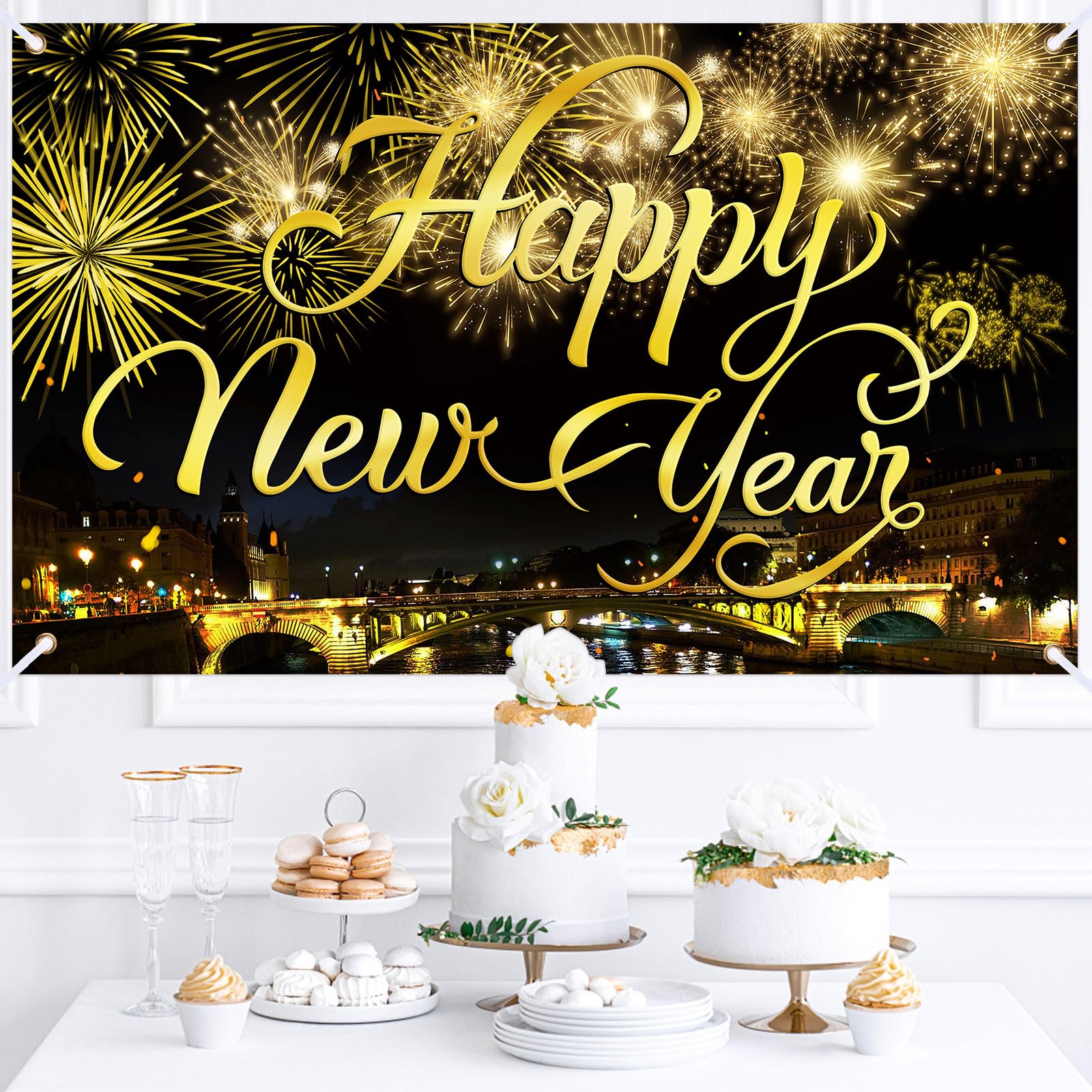 Happy New Year Party Backdrop Fabric Sign Poster Banner with Pattern Firework for New Year Party Decoration Photo Props Background Supplies