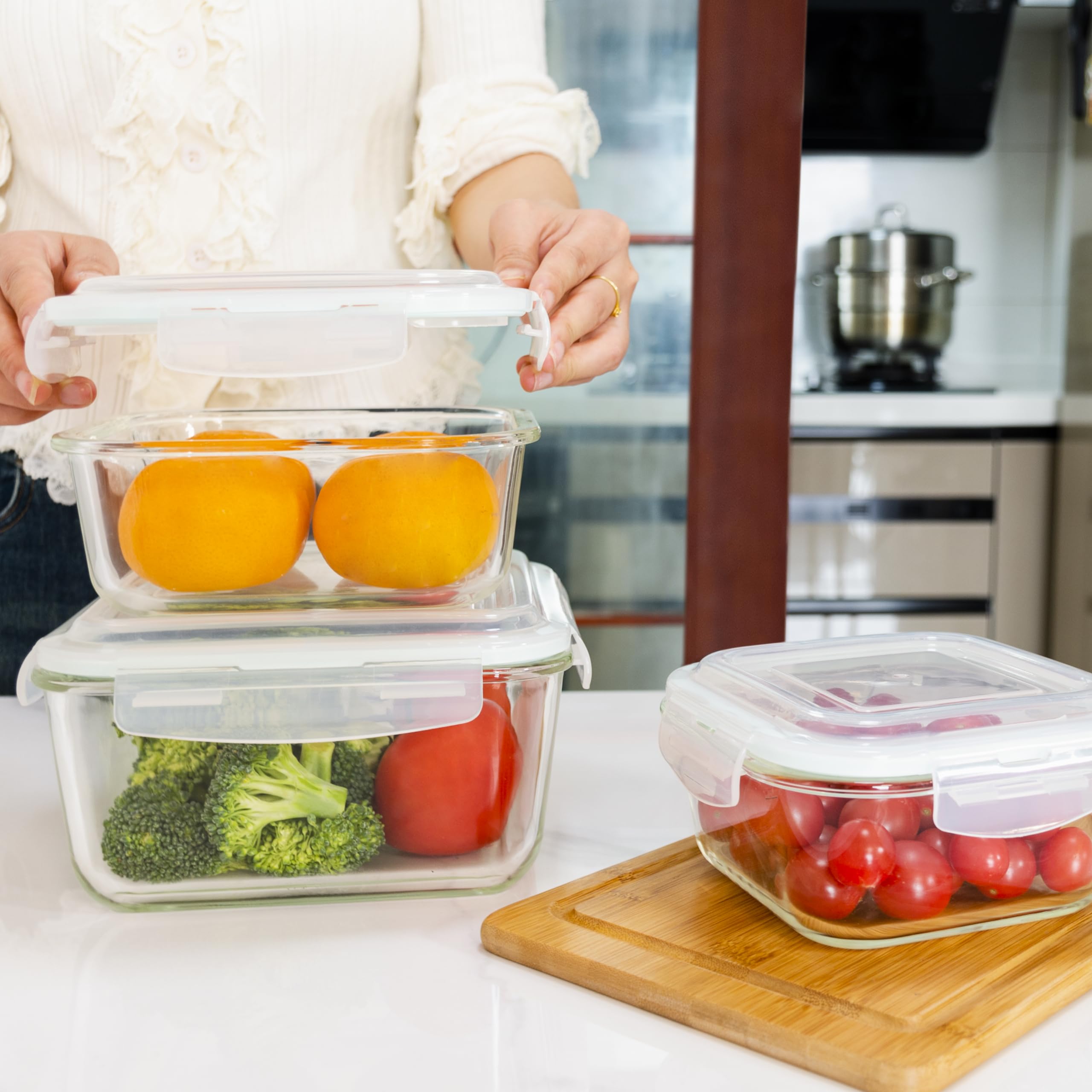 Razab 6 PC Square Glass Food Storage Containers with Airtight lids (74, 40 & 27 oz) Kitchen Glass Meal Prep Containers Set for Freezer Reusable Leftover Lunch Boxes, Oven, Microwave, Dishwasher Safe