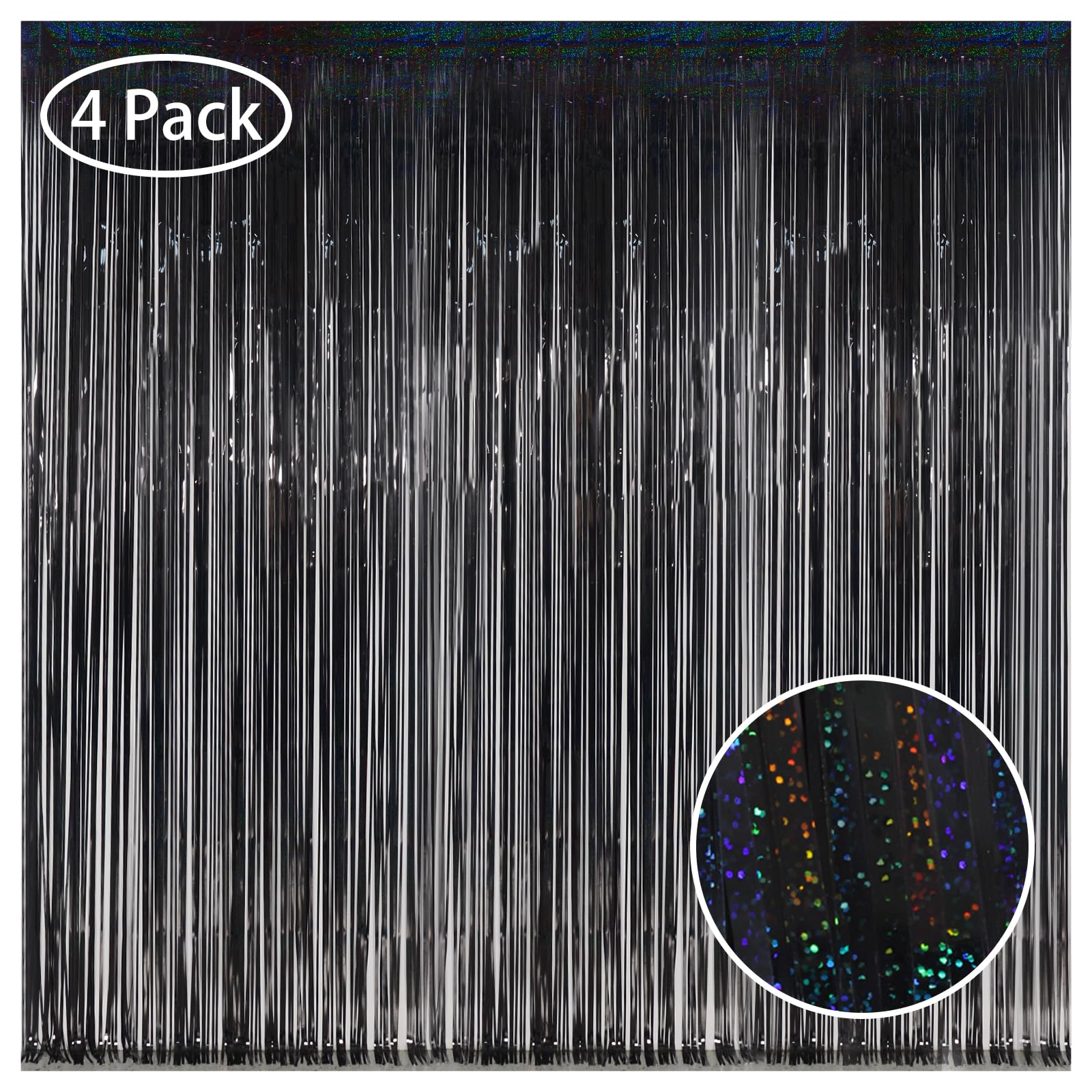 Melsan New Year Decorations 2025, 3.2 x 8ft Black Tinsel Photo Streamer Backdrop for Birthday/Graduation/Halloween/New Eve Party Decorations - 4 Pack