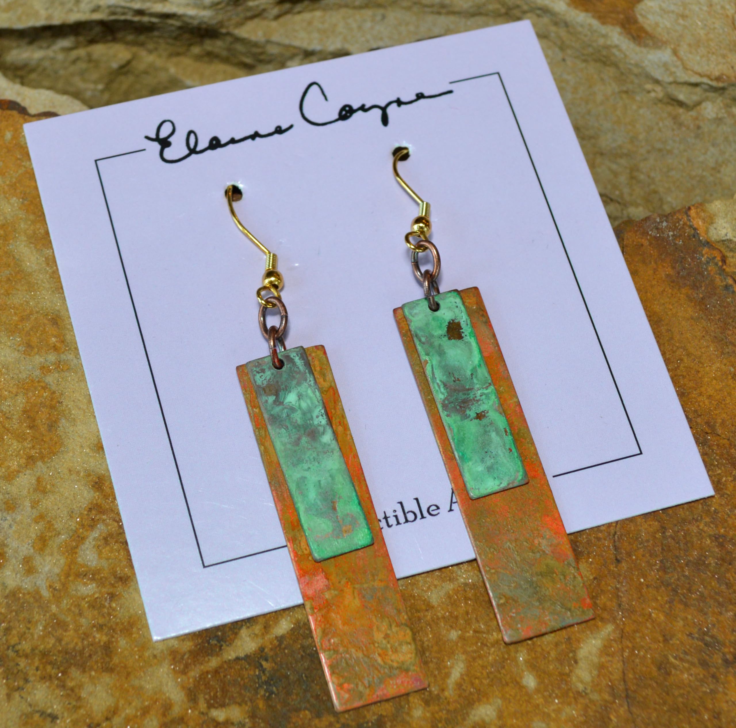 Elaine Coyne Verdigris and Earth Patina Bohemian Chic Elongated Rectangle Earrings