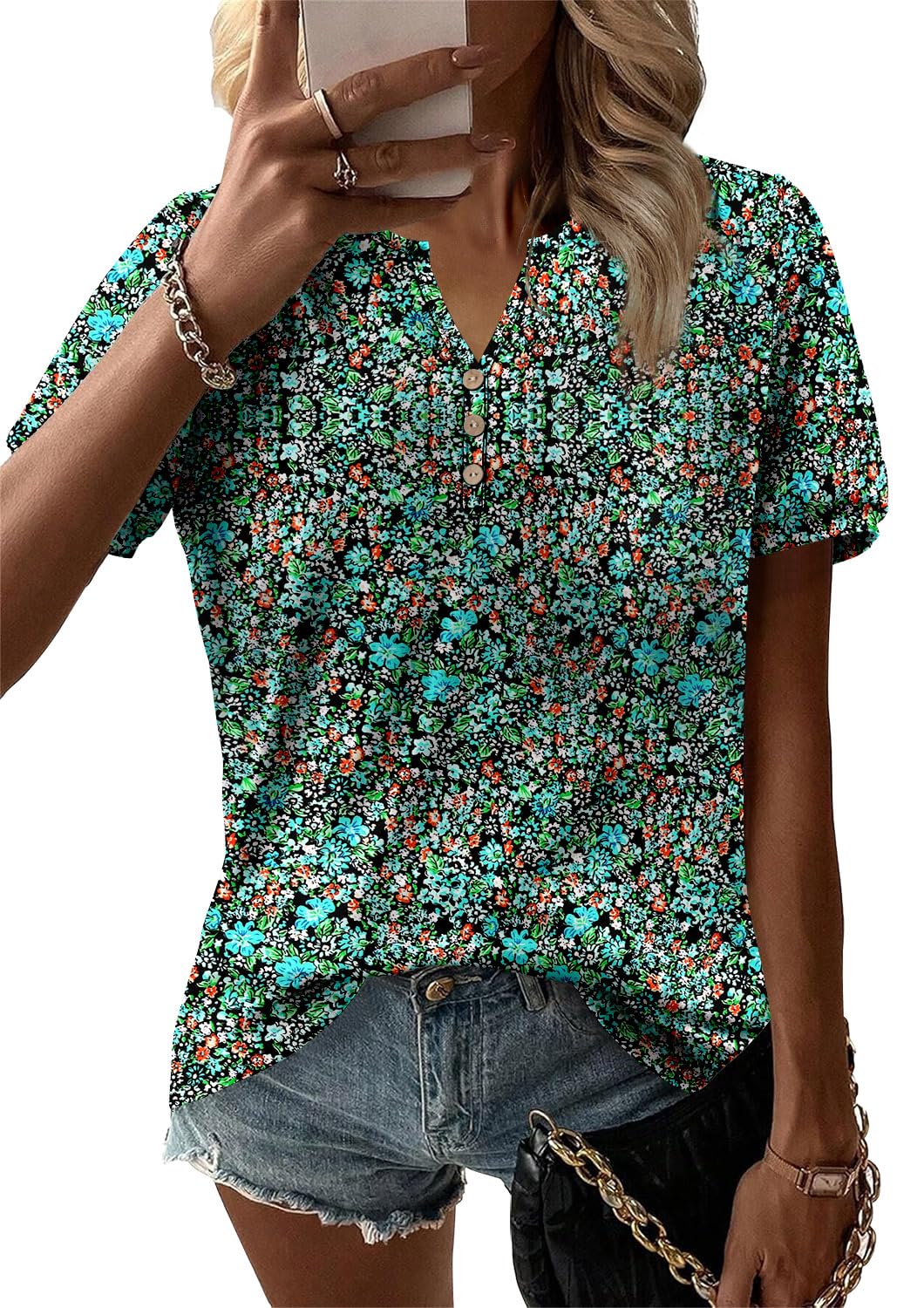 BETTE BOUTIK Women Plus Size TShirts Summer Oversized Short Sleeve Tunic Tops Casual Blouse Fashion V Neck Boho Floral Cute Vintage Shirt Blue Green 3X