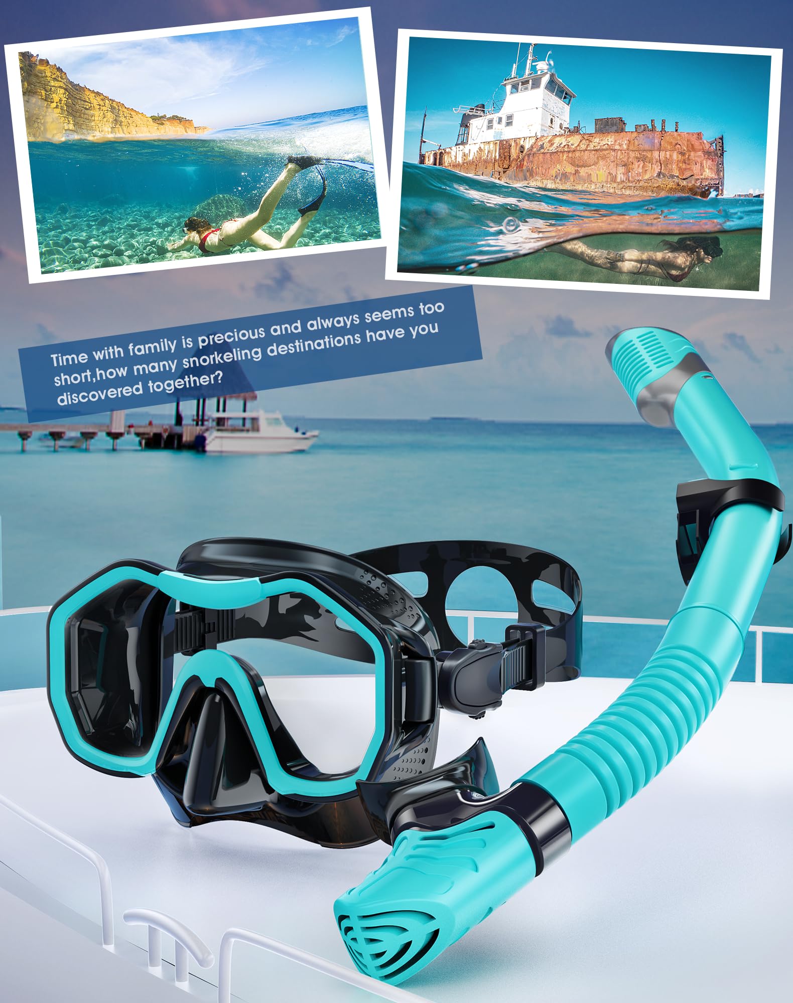 Snorkeling Gear for Adults, Kwambiri Dry-Top Snorkel Set, 186°Panoramic Wide View Diving Mask Breathing Freely Snorkel Mask for Snorkeling Scuba Diving Swimming Travel（Adults）