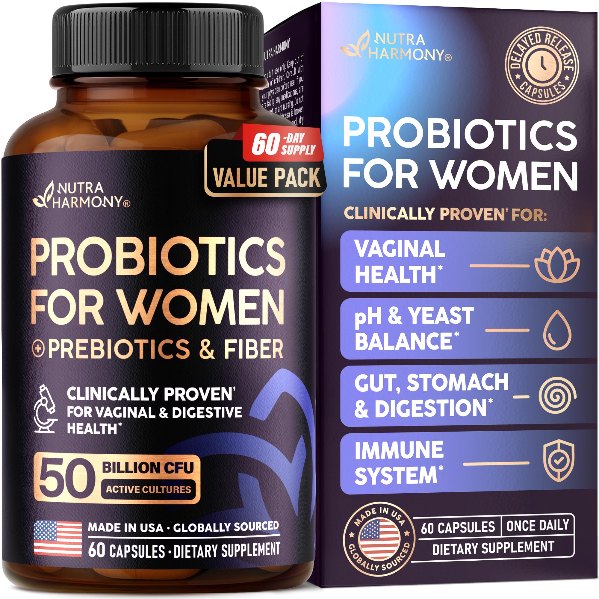 Probiotics for Women 50 Billion CFU - Vaginal Probiotics Clinically Proven for Yeast & pH Balance - Digestion & Bloating Relief - 8 Strains + Prebiotics - Delay Release - Made in USA, 60 Capsules