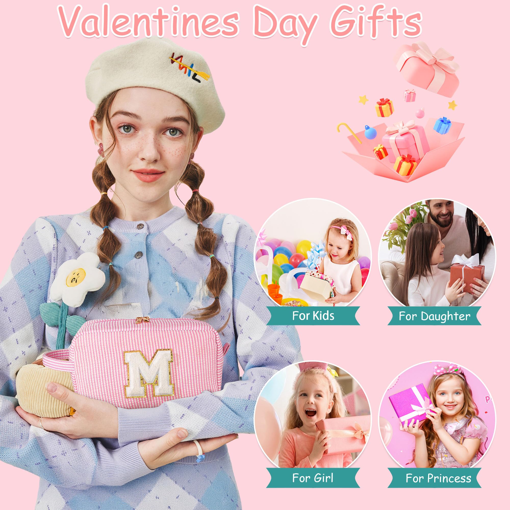 YOOLIFE Gifts for Teen Girls - Valentines Day Gifts for Kids, Gifts for 5 6 7 8 9 10 11 12 13 14 15 16 Year Old Birthday Gifts, Teen Girl Gifts Trendy Stuff, Teenage Girl Gifts, Initial Makeup Bag M