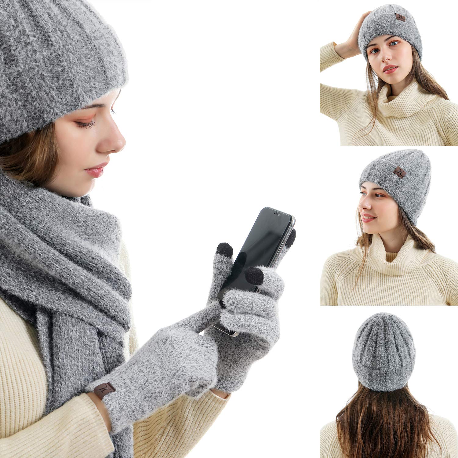 Womens Winter Warm Knit Beanie Hat Touchscreen Gloves Long Neck Scarf Set with Fleece Lined Skull Caps Gifts for Women Grey