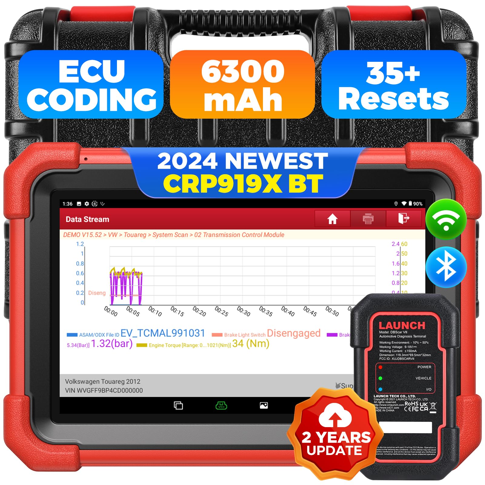 LAUNCH X431 CRP919XBT OBD2 Scanner 2024 Bidirectional Diagnostic Tool, CANFD&DOIP Support 2024 Model,2Yrs Update,Wireless Diagnostic with DBScarVII,FCA AutoAuth,VAG Guided,ECU Coding, IMMO, 35+ Resets