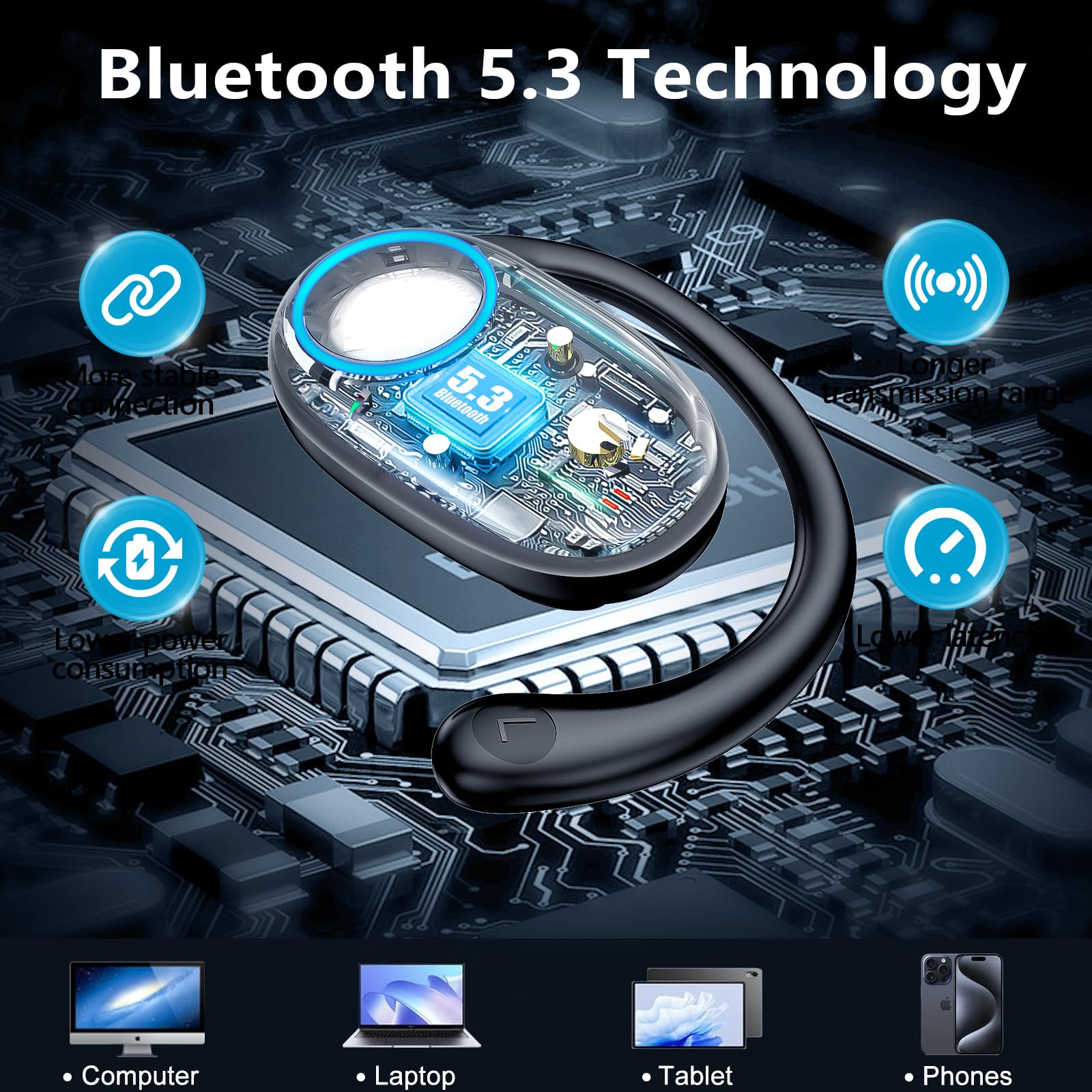 kurdene Open Ear Headphones,Bluetooth 5.3 Wireless Sports Earbuds-Black