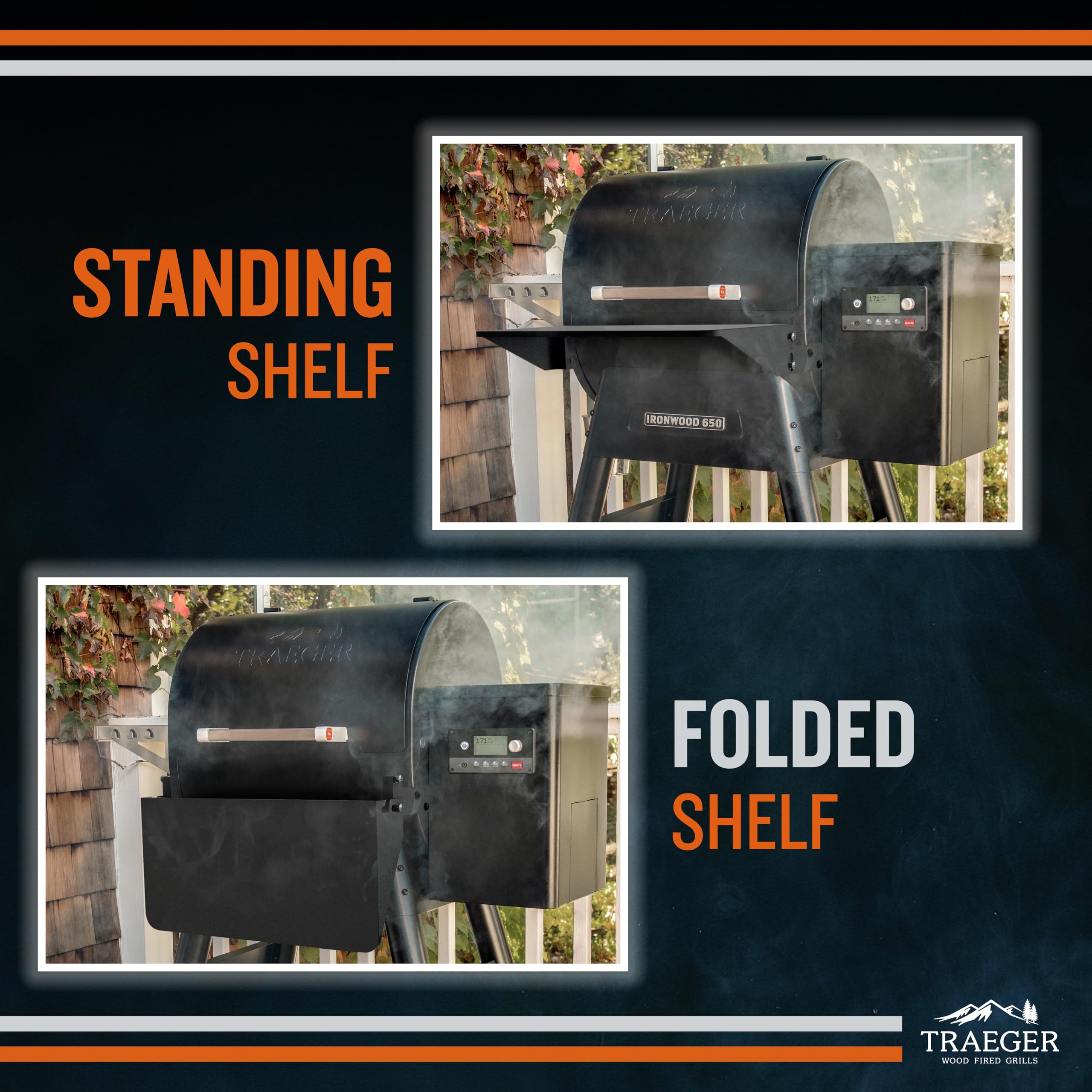 Traeger Grills BAC362 Folding Front Shelf – Steel Grill Accessory for Pro 22, Pro 575, and Ironwood 650, Ideal for Food Prep and Storage