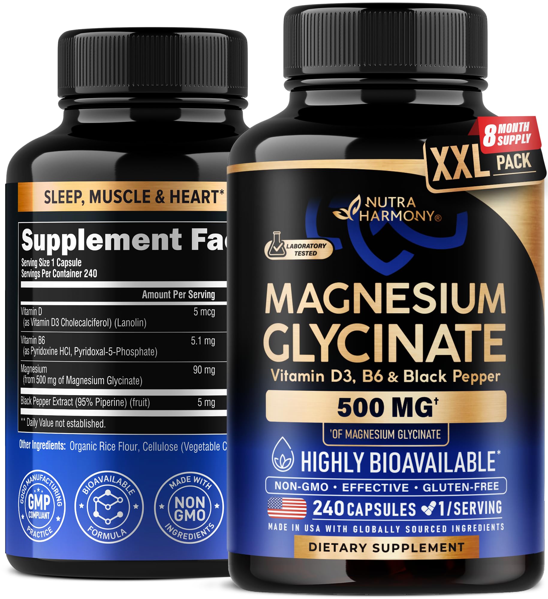 Magnesium Glycinate 500 mg - Chelated Supplement - 98% High Absorption - Support for Sleep, Muscle & Heart Health - Made in USA, Lab Tested & Non-GMO - 240 Capsules