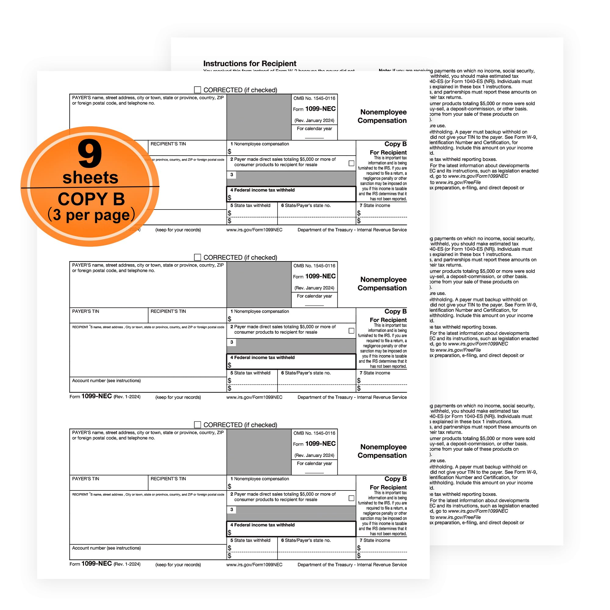 1099-NEC Forms for 2024, 4-Part Tax Forms, Vendor Kit of 25 Laser Forms and 25 Self-Seal Envelopes, Forms Designed for QuickBooks and Other Accounting Software