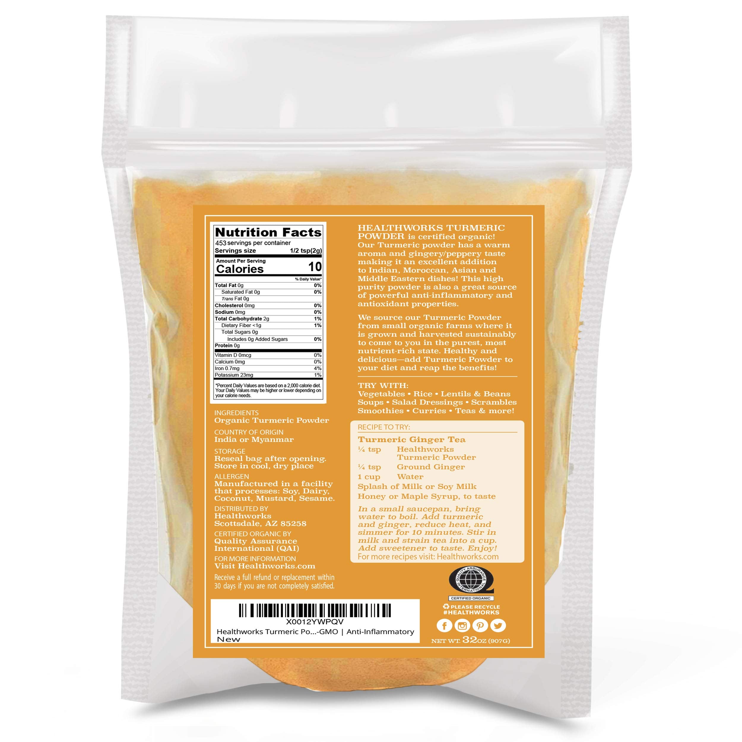 Healthworks Turmeric Powder (32 Ounces / 2 Pounds) | Ground Raw Organic | Curcumin & Antioxidants | Keto, Paleo, Vegan, Non-GMO