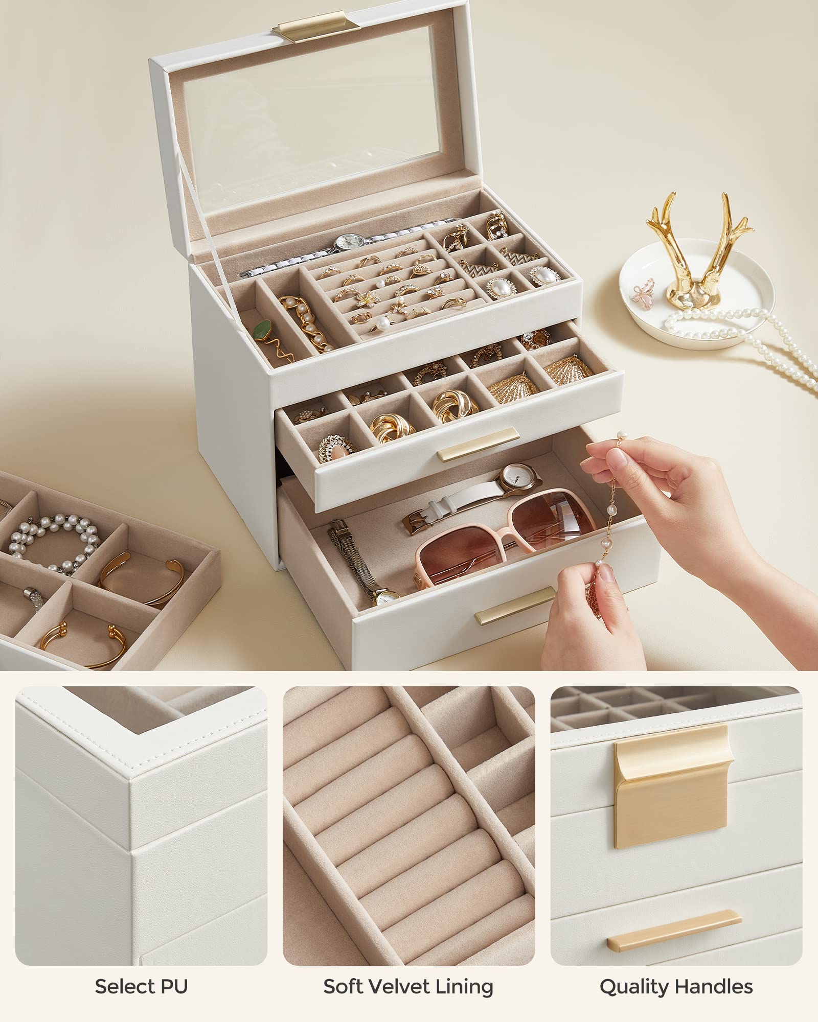 SONGMICS Jewelry Box with Glass Lid, 4-Layer Jewelry Organizer, 3 Drawers, for Sunglasses, Big Jewelry, Jewelry Storage, Mother's Day Gifts, Cloud White and Gold Color UJBC161W01