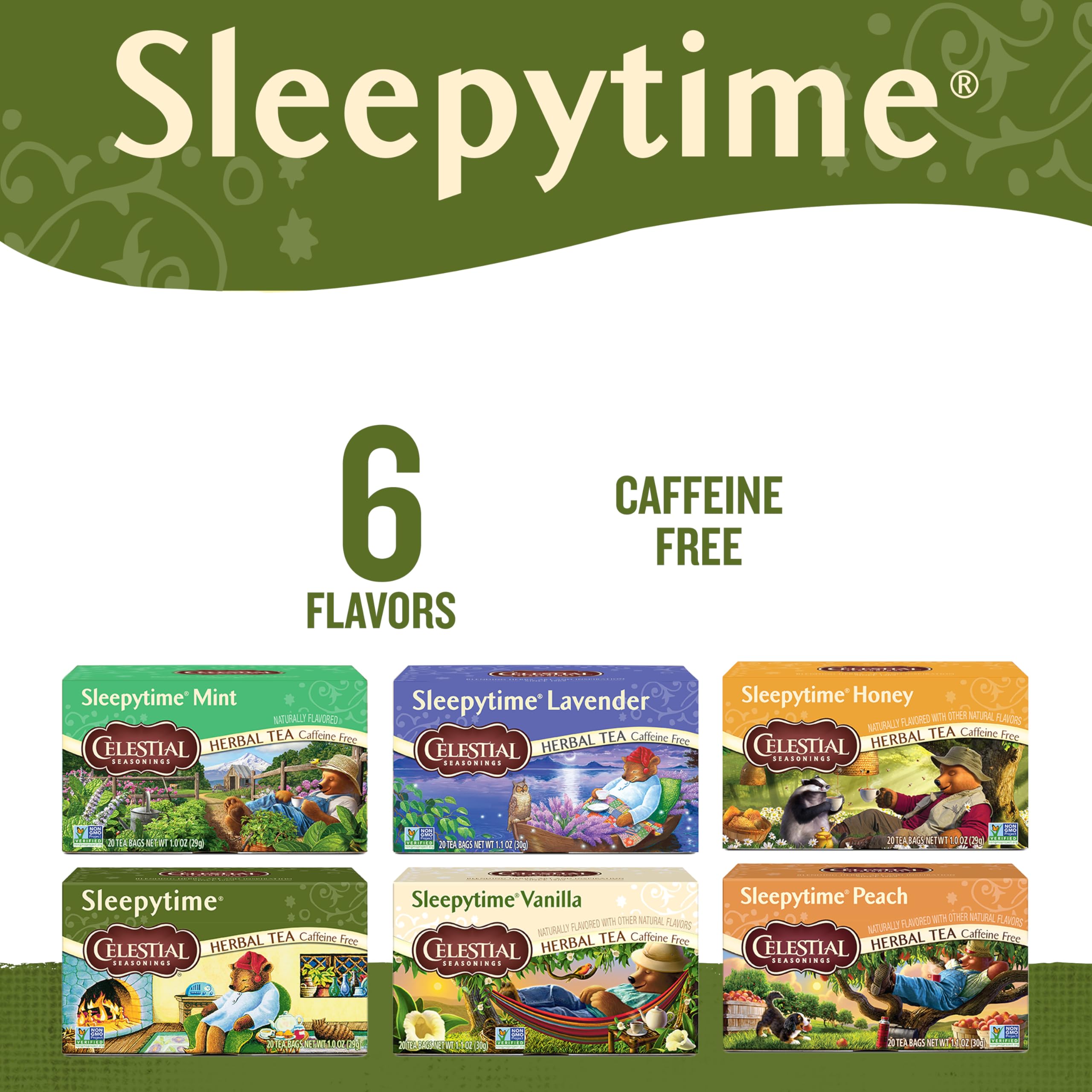 Celestial Seasonings Sleepytime Herbal Tea Variety Pack, Caffeine Free, 20 Tea Bags Box, (Pack of 6)