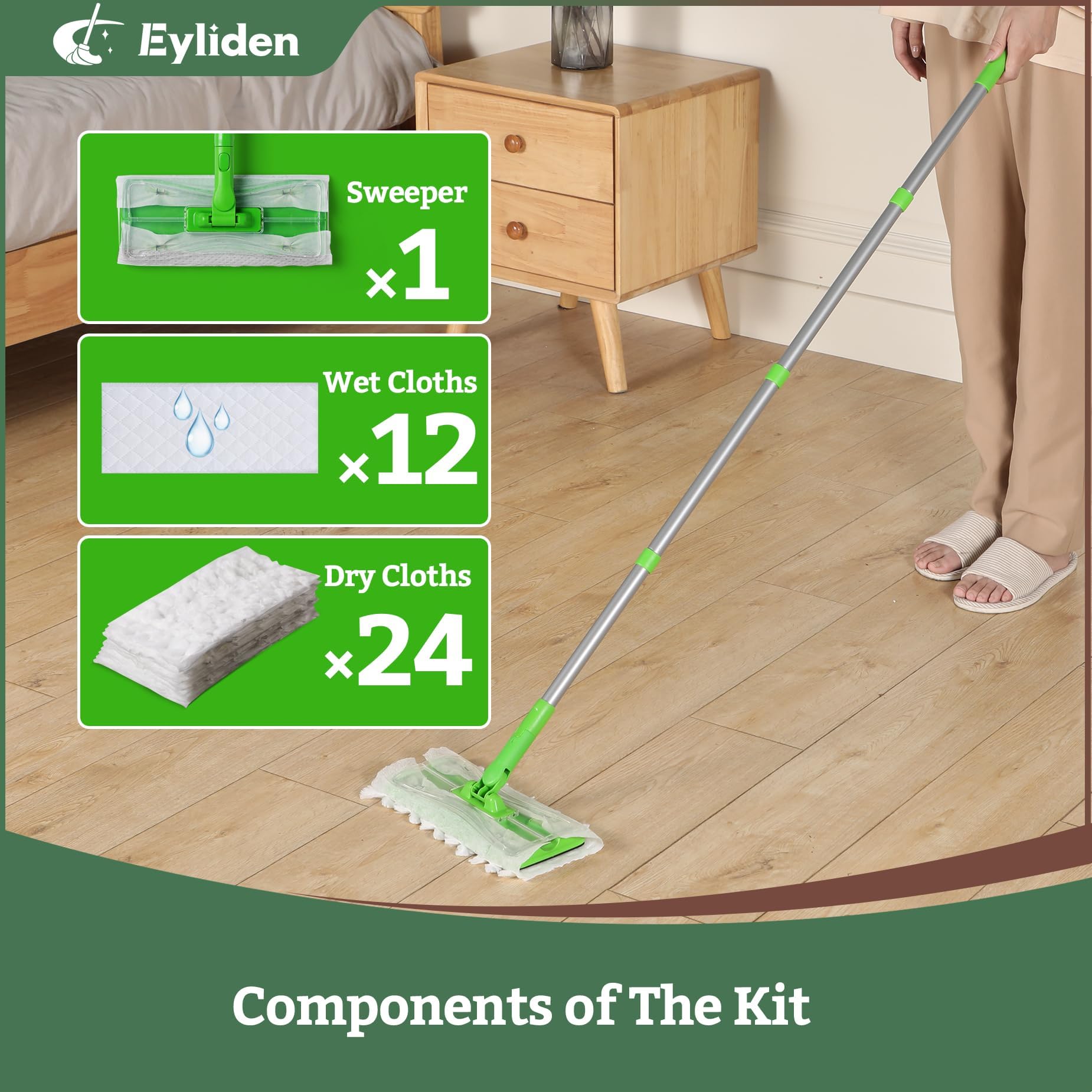 Eyliden Sweeper Mop, Wet & Dry Mops for Floor Multi Surface Cleaning, Disposable Dust Mop Starter Kit with 36 Refills - 12 Wet Mop Cloths, 12 Heavy-Duty Pet Hair Mop Pads, 12 Dry Sweeping Cloths