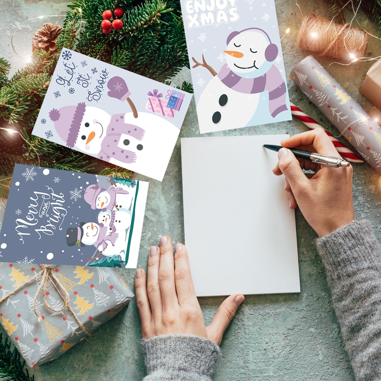 QINGRUIGO 24 Pack Snowman Christmas Cards with Envelopes & Stickers - 6 Designs with Printed Message Christmas Holiday Cards, 4x6in Snowman Christmas Card, Boxed Christmas Cards