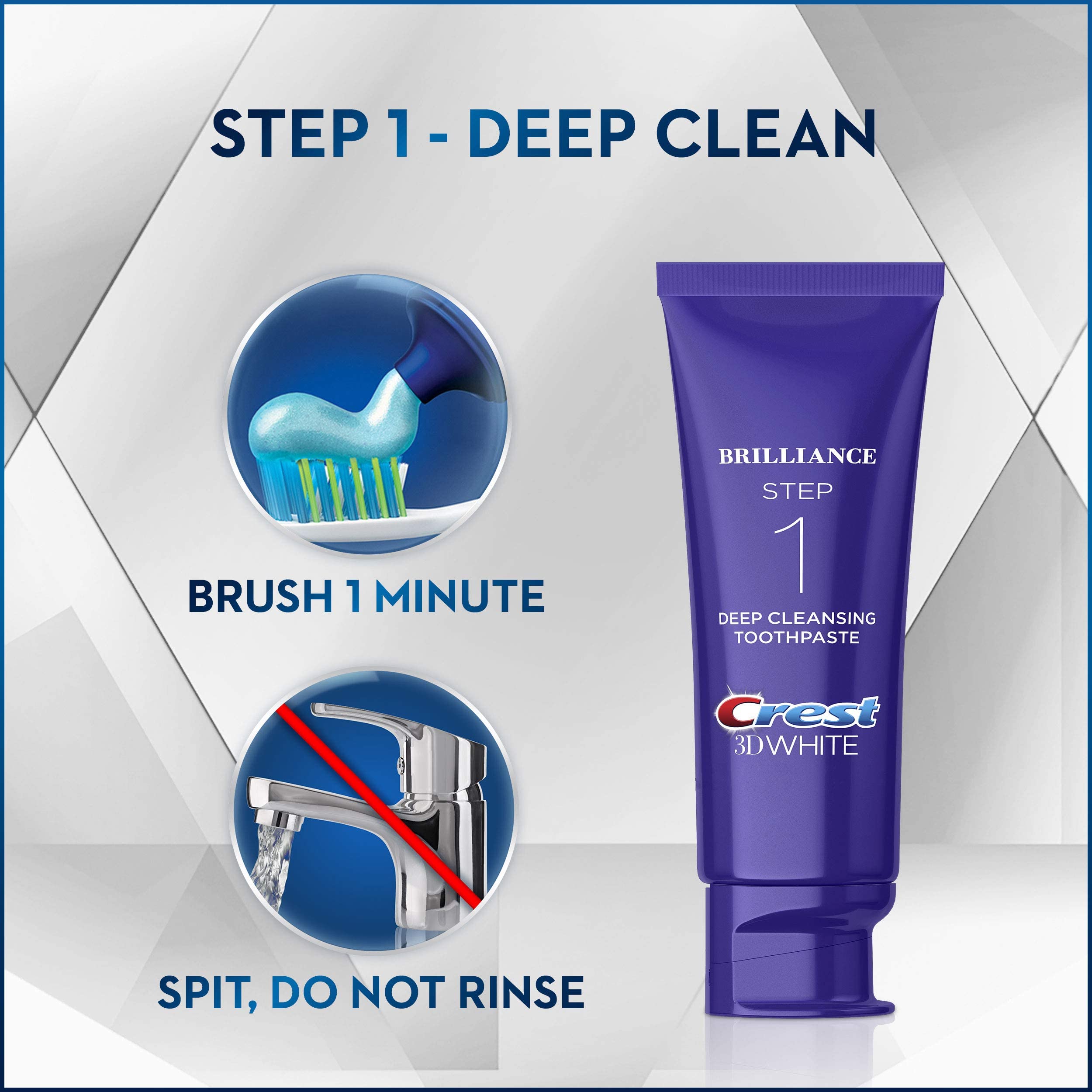 Crest 3D White Brilliance 2 Step Kit, Crest 3D White Toothpaste, Deep Clean Toothpaste (4oz) + Teeth Whitening Gel (2.3oz)