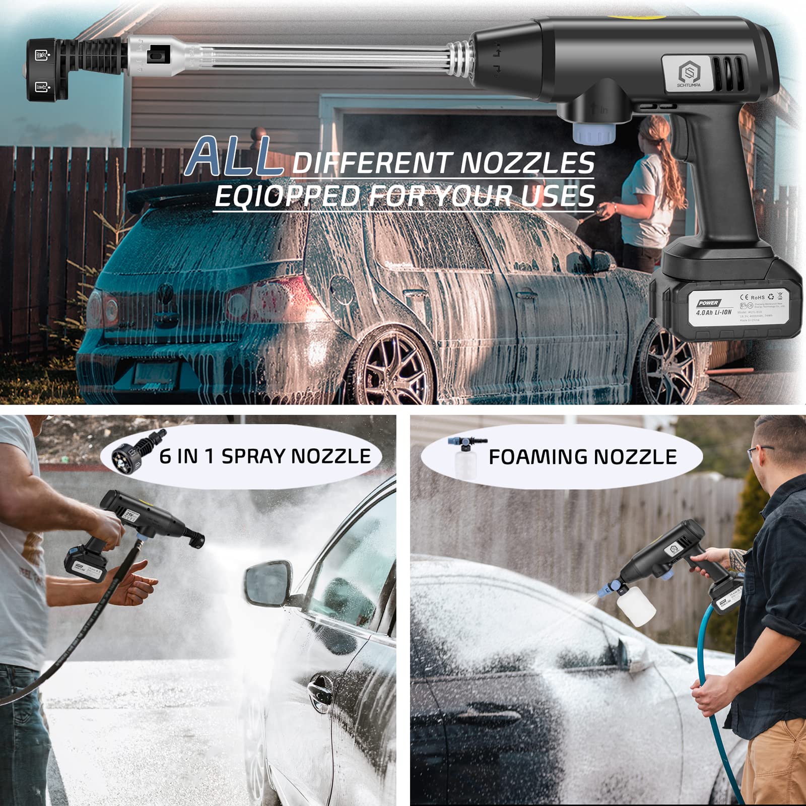 SCHTUMPA Cordless Pressure Washer, Portable Power Washer, 21V Electric Pressure Washer Gun with 652PSI, 6-in-1 Nozzle,4.0Ah Battery for Car/Window/Outdoor Cleaning