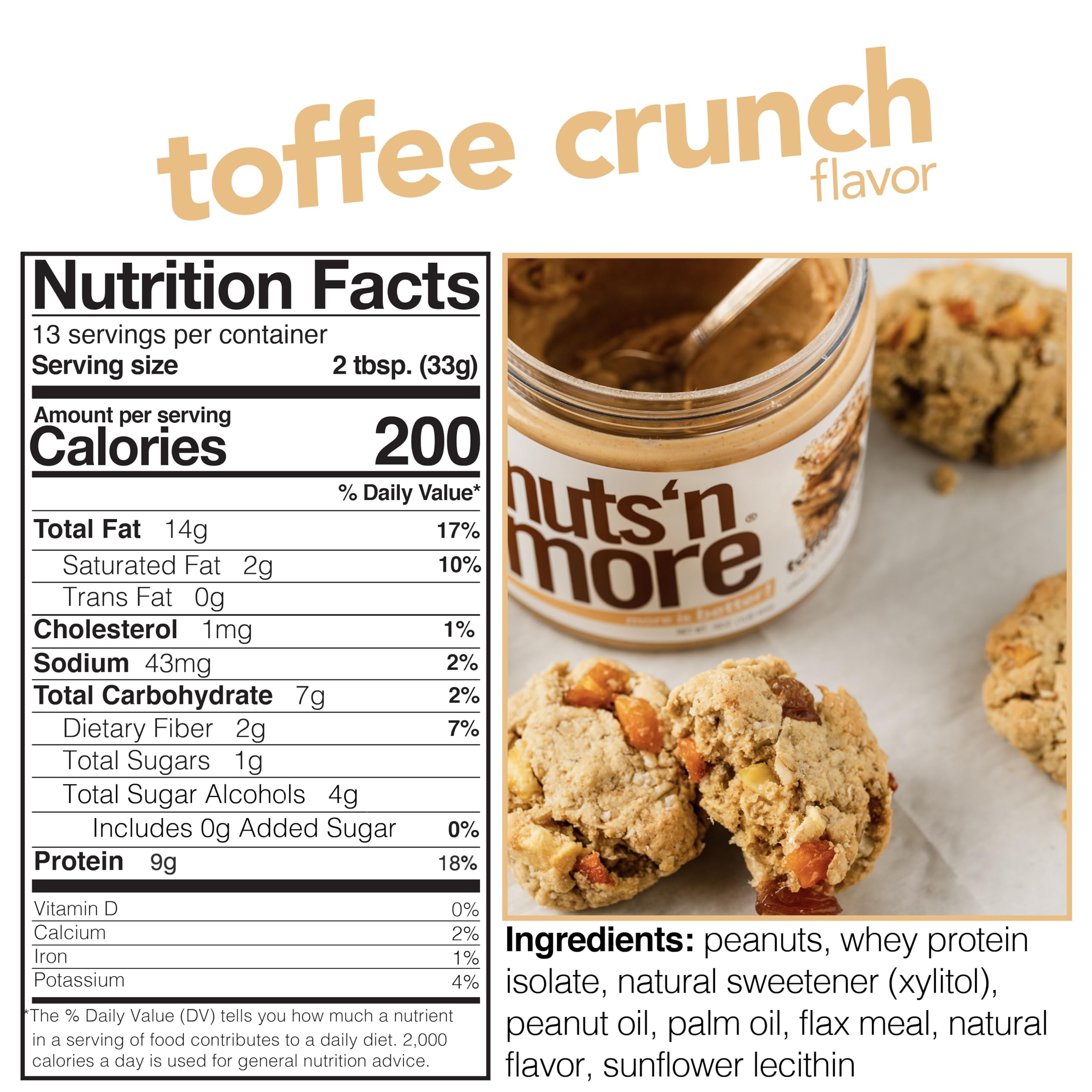 Nuts ‘N More Toffee Crunch Peanut Butter Spread, Added Protein All Natural Snack, Low Carb, Low Sugar, High Protein Flavored Nut Butter (15 oz Jar)