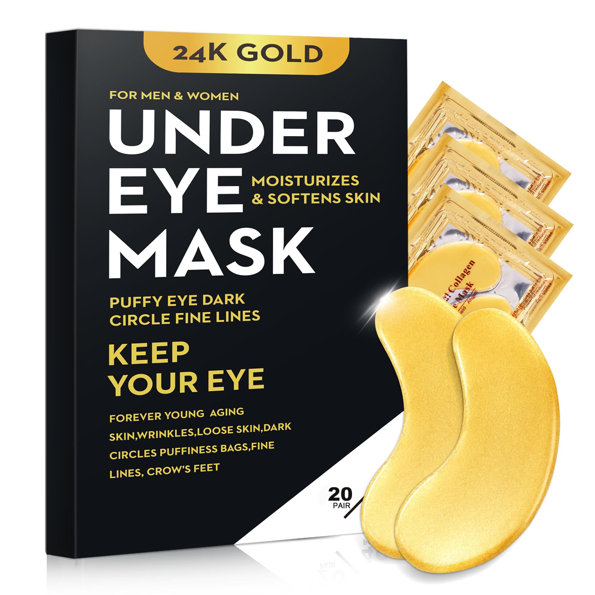 Bukamkom 20 Pairs 24K Gold Eye Mask Collagen Under Eye Mask Patches for Dark Circle Puffiness, Refresh, Revitalizing, Travel, Wrinkles, Eye Patches