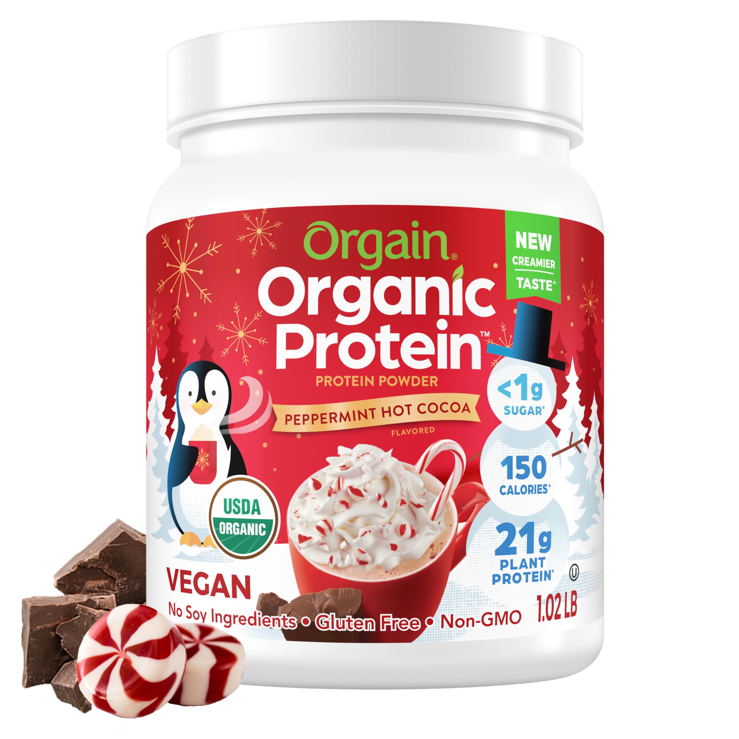 Orgain Organic Vegan Protein Powder, Peppermint Hot Cocoa Holiday Flavor - 21g of Plant Protein, 5g Prebiotic Fiber, No Lactose Ingredients, Non-GMO, Shakes & Smoothies, 1.02 lb (Packaging May Vary)