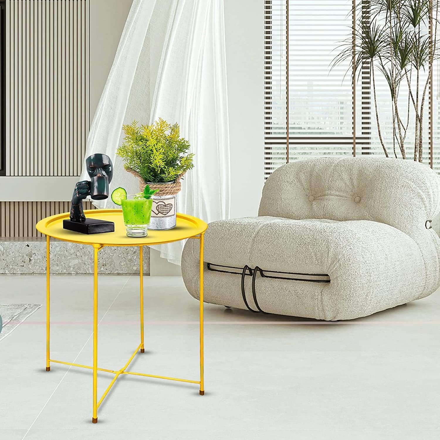 Garden 4 you End Table Outdoor Side Table, Small Patio Table Metal Side Table, Round Folding Side Table, for Outdoor and Living Room,Yellow