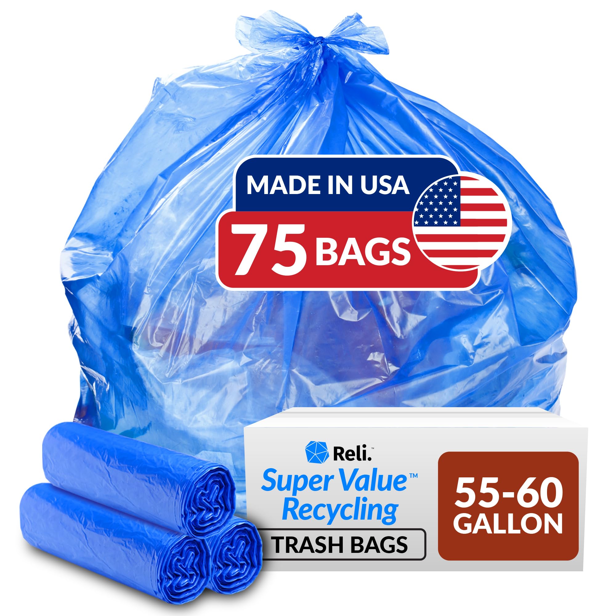 Reli. SuperValue 55-60 Gallon Recycling Bags | 75 Count | Blue Trash Bags | Made in the USA