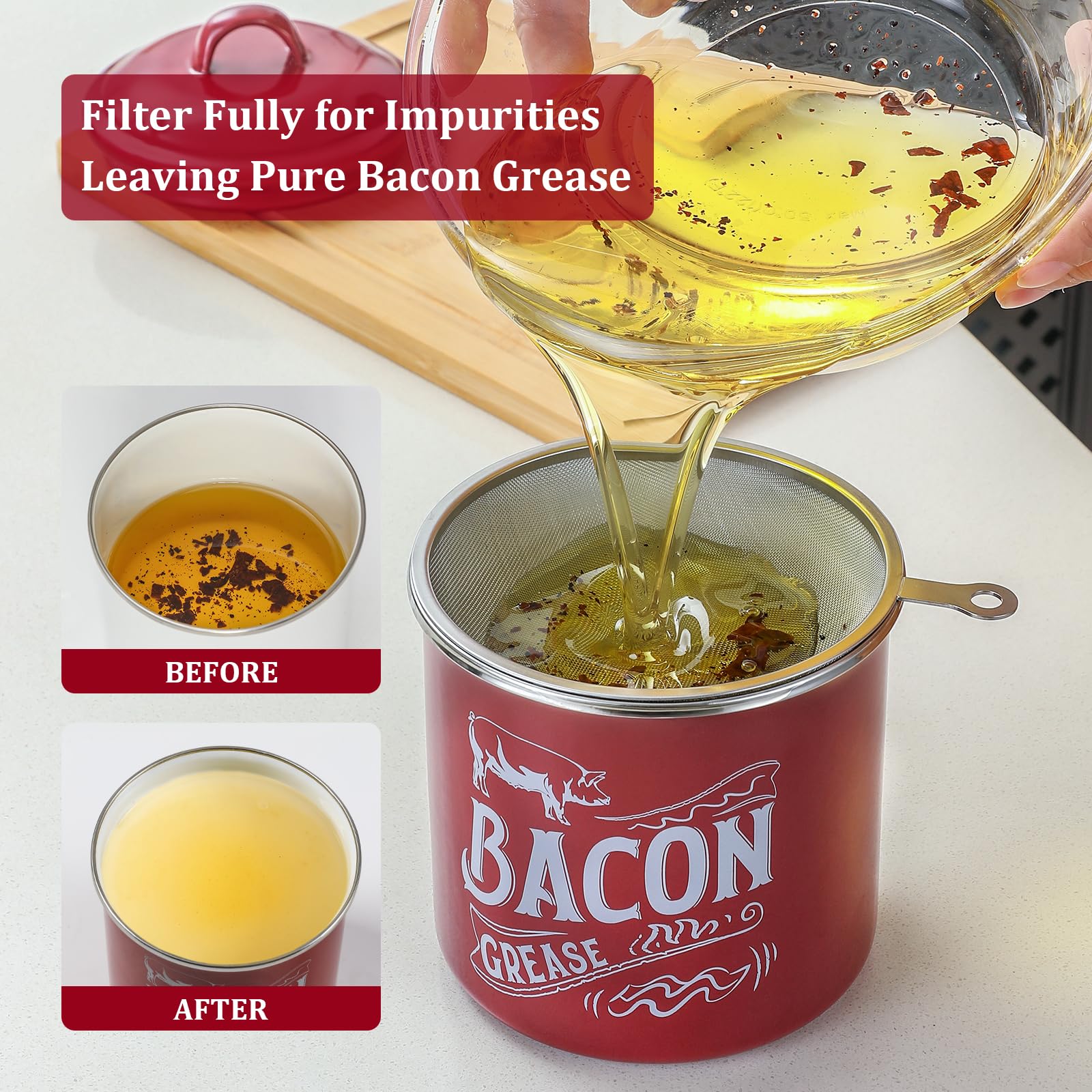 1.3L Bacon Grease Saver Container with Fine Strainer - Red Enamel & Stainless Steel Oil Keeper Can for Bacon Fat Dripping - Farmhouse Kitchen Gift & Decor Cooking Accessories - Dishwasher Safe