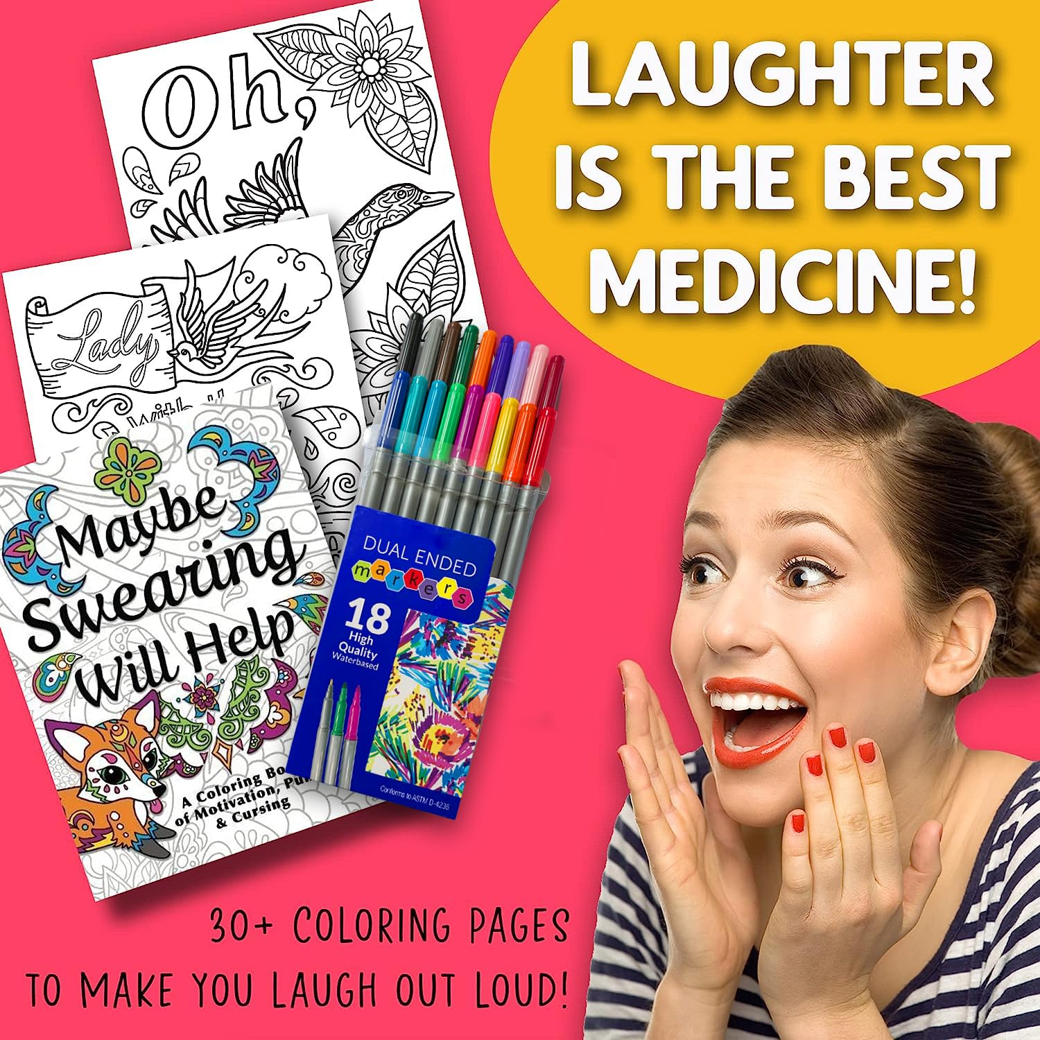 Maybe Swearing Will Help Adult Coloring Book Set - for Adults Relaxation with Markers in a Case - Motivational Swear Word Anxiety Relief - Color Cuss & Laugh Your Way to Less Stress