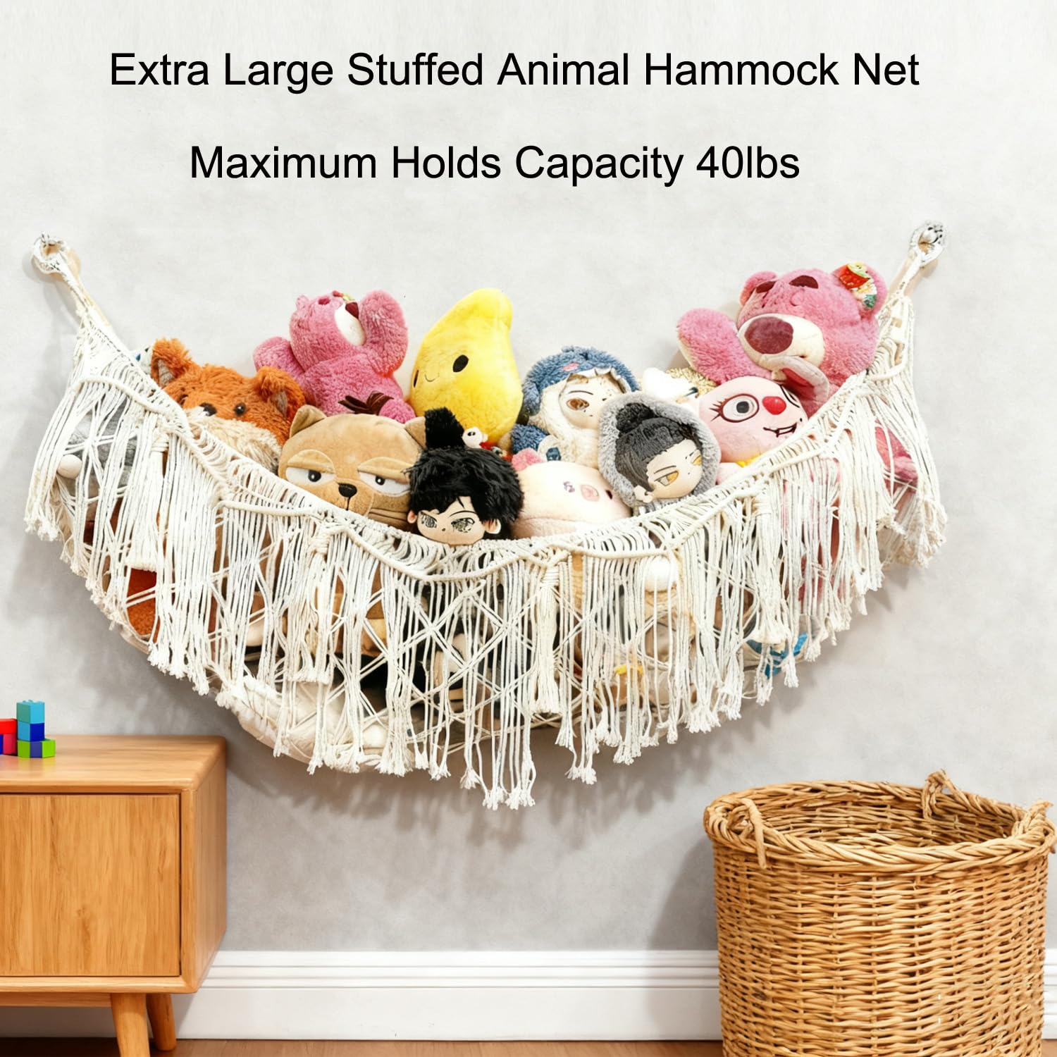 Stuffed Animal Hammock or Net With LED Lights Extra Large Wall Hanging Stuffed Animal Storage Nets for Teddy Bear Handmade Macrame Hanging Toy Net Hammock for Stuffed Animal Storage (Beige)