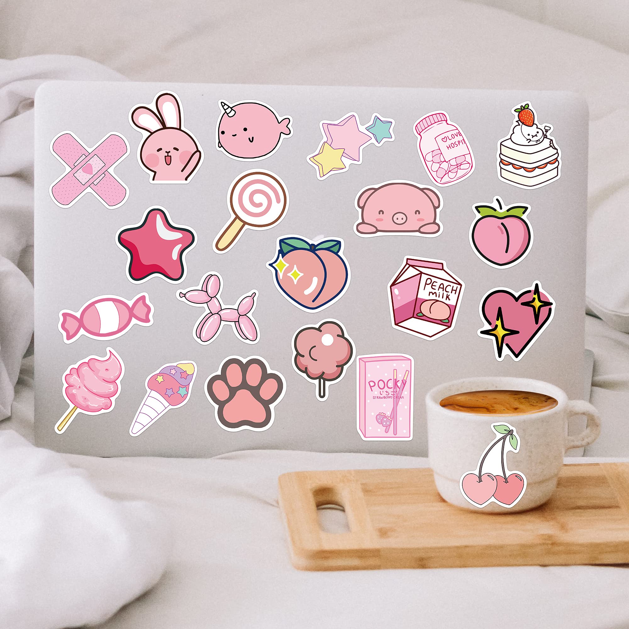 LANKEME 50PCS Cute Kawaii Stickers for Water Bottles, VSCO Pink Stickers for Laptop Aesthetic Stickers Gift for Kids Teens Girls(Pink Rabbit)