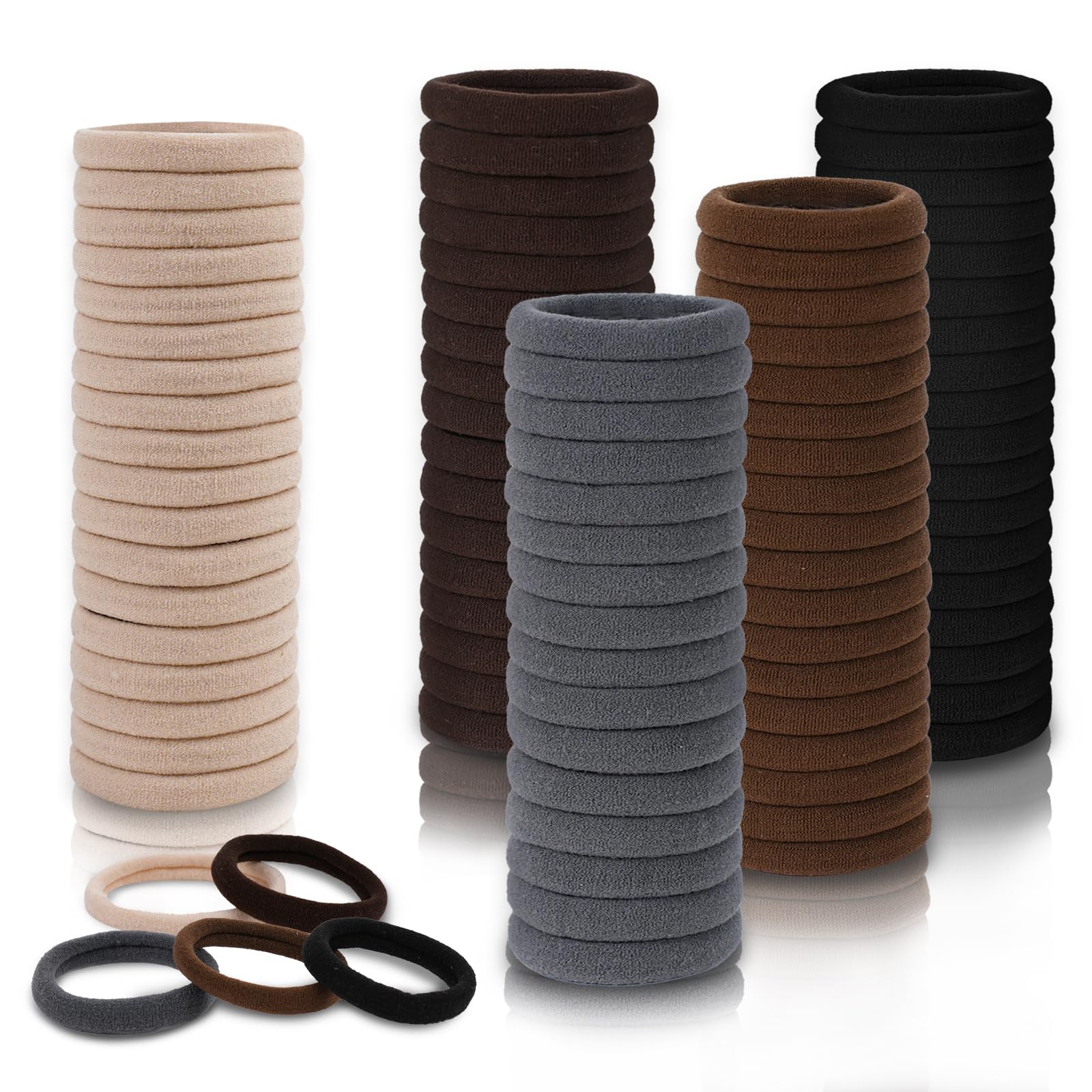 FVOLREM Hair Ties, 100 PCS No Damage Hair Elastics Hair Accessories for Women Girls, Thick Seamless Hair Ties, Neutral Color, 5 Colors Included: Black, Brown, Gray, Carnation, Light Brown