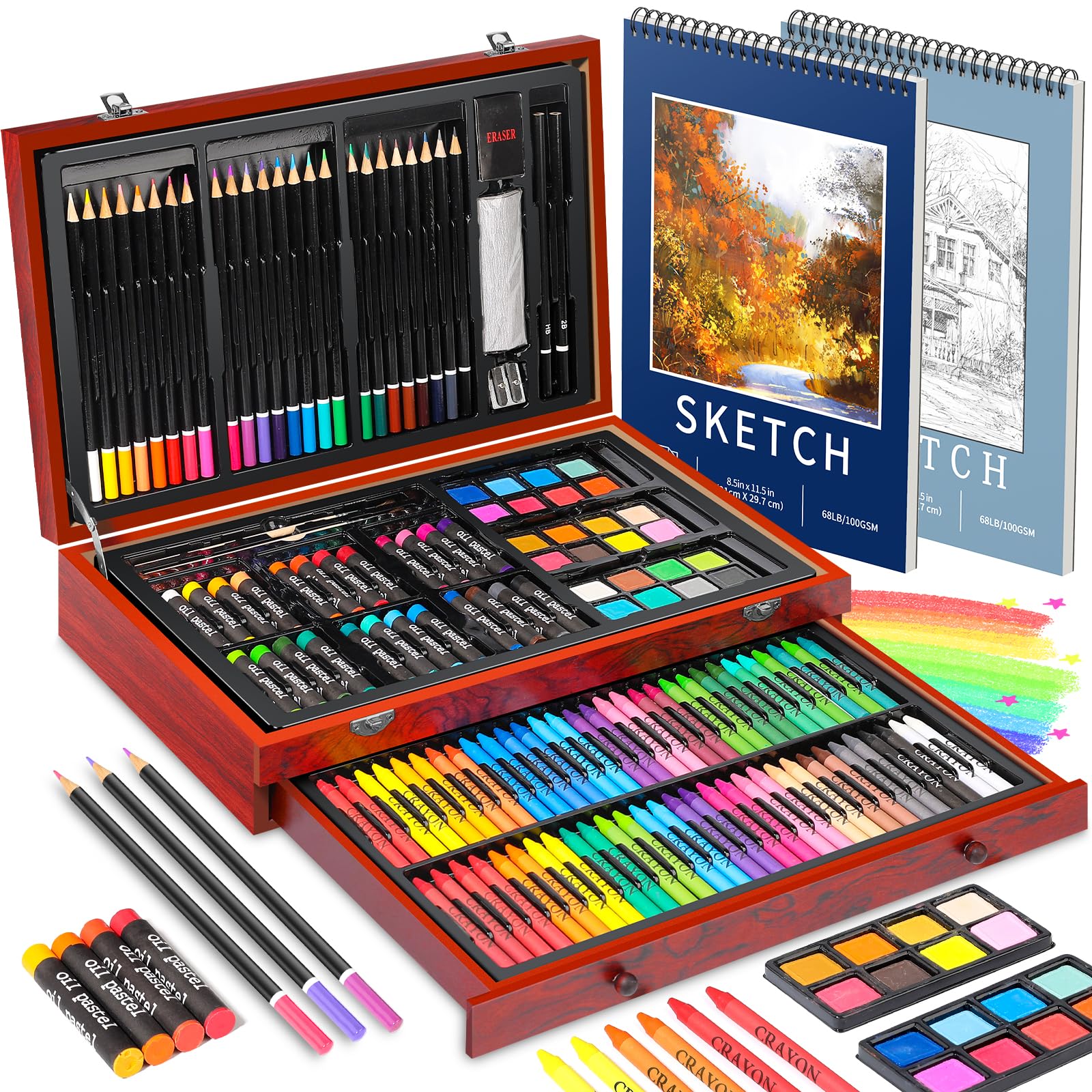 Hapikalor Art Supplies for Adults,156-Pack Art Kit Drawing Set with 2 Sketch Book, Crayons, Colored Pencils, Arts and Crafts, Christmas Gifts Art Supplies for Girls Boys Ages 6-8 9-12 13 14 Year Old