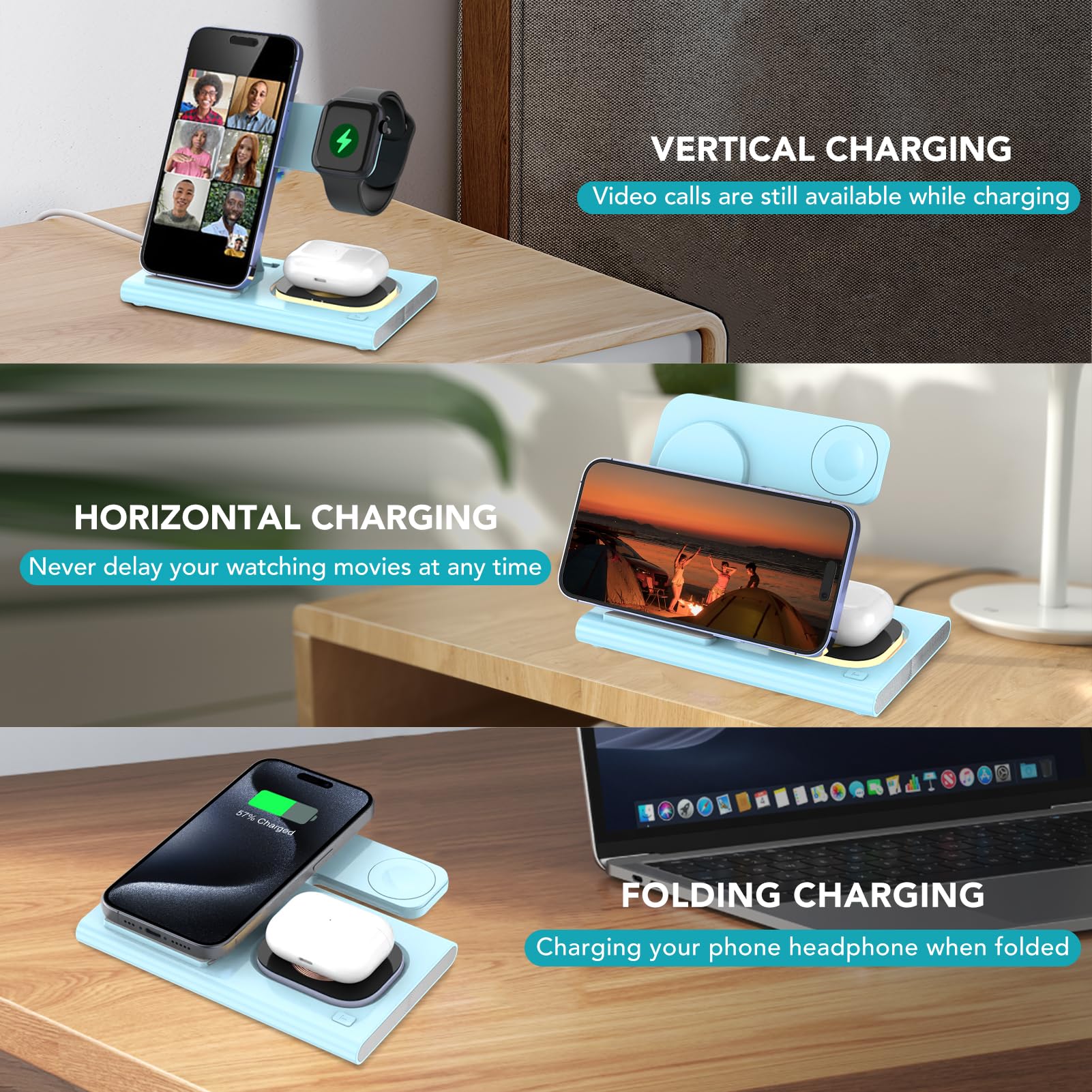 3 in 1 Foldable Charging Station for Apple Products,Fast Wireless Charger Travel Dock Adapter&Light for iPhone 16/15/14/13/12/11/X/XS,for iWatch 10/9/8/7/Ultra2/Ultra/SE,for AirPods 4/3/2/Pro/2(Blue)