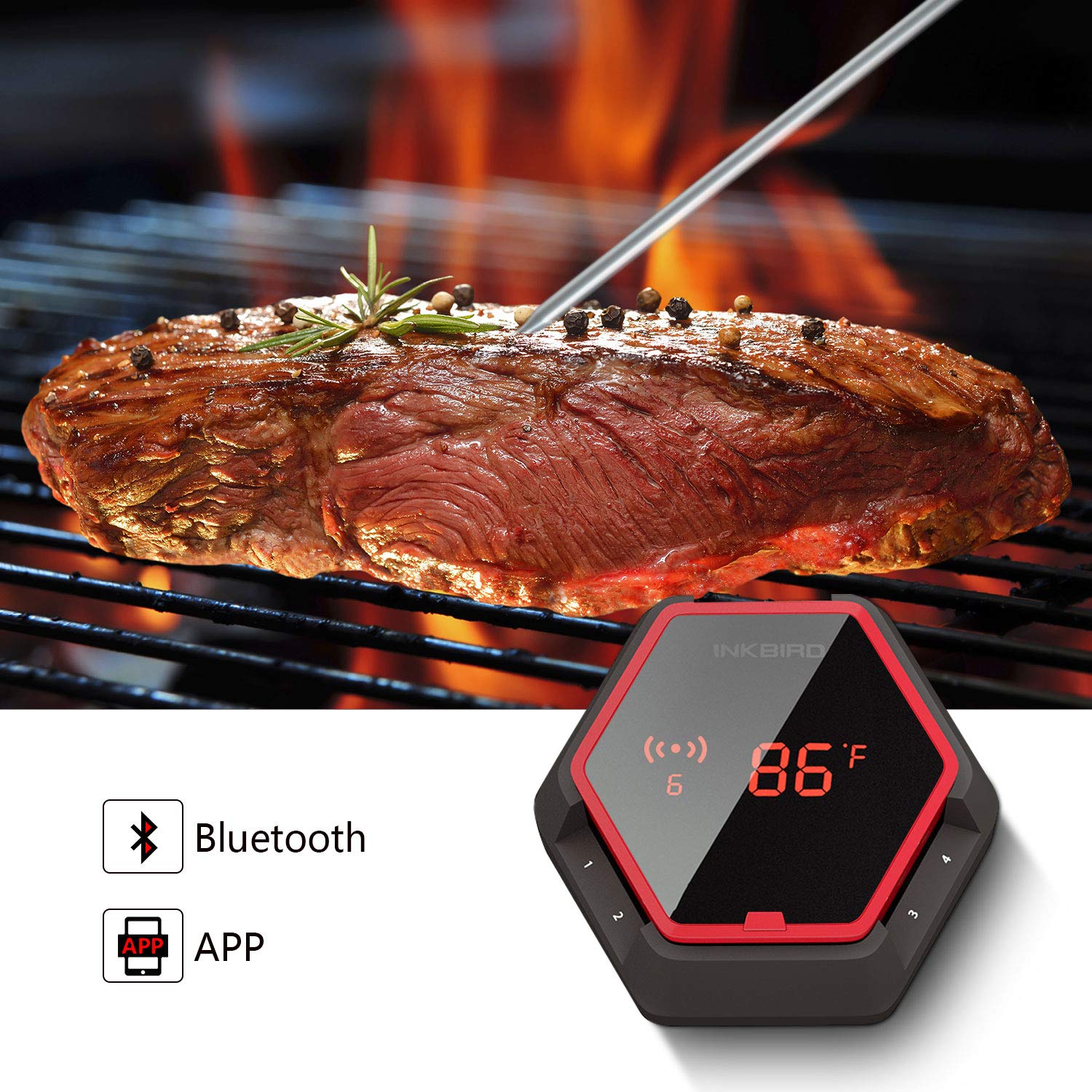 Inkbird Grill Bluetooth BBQ Thermometer Wireless IBT-6XS, 6 Probes Digital Smoker Grill Thermometer for Cooking,150ft Bluetooth Meat Thermometer, Magnet, Timer, Alarm for Kitchen, Food (Red)