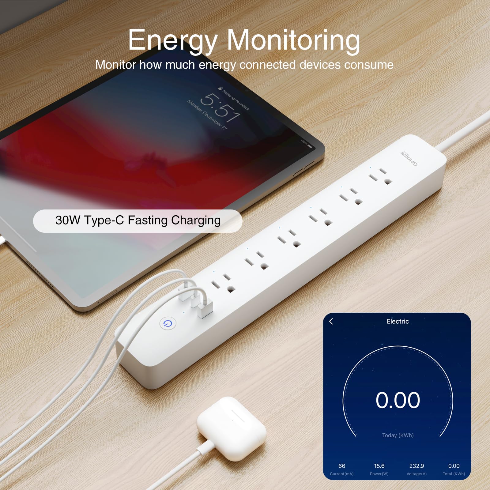 Ghome Smart Power Strip, 3 USB (2A1C 30W) and 6 Individually Controlled Outlets, WiFi Surge Protector Compatible with Alexa Google, Energy Monitor, 7ft Mountable Flat Plug with Overload Protection