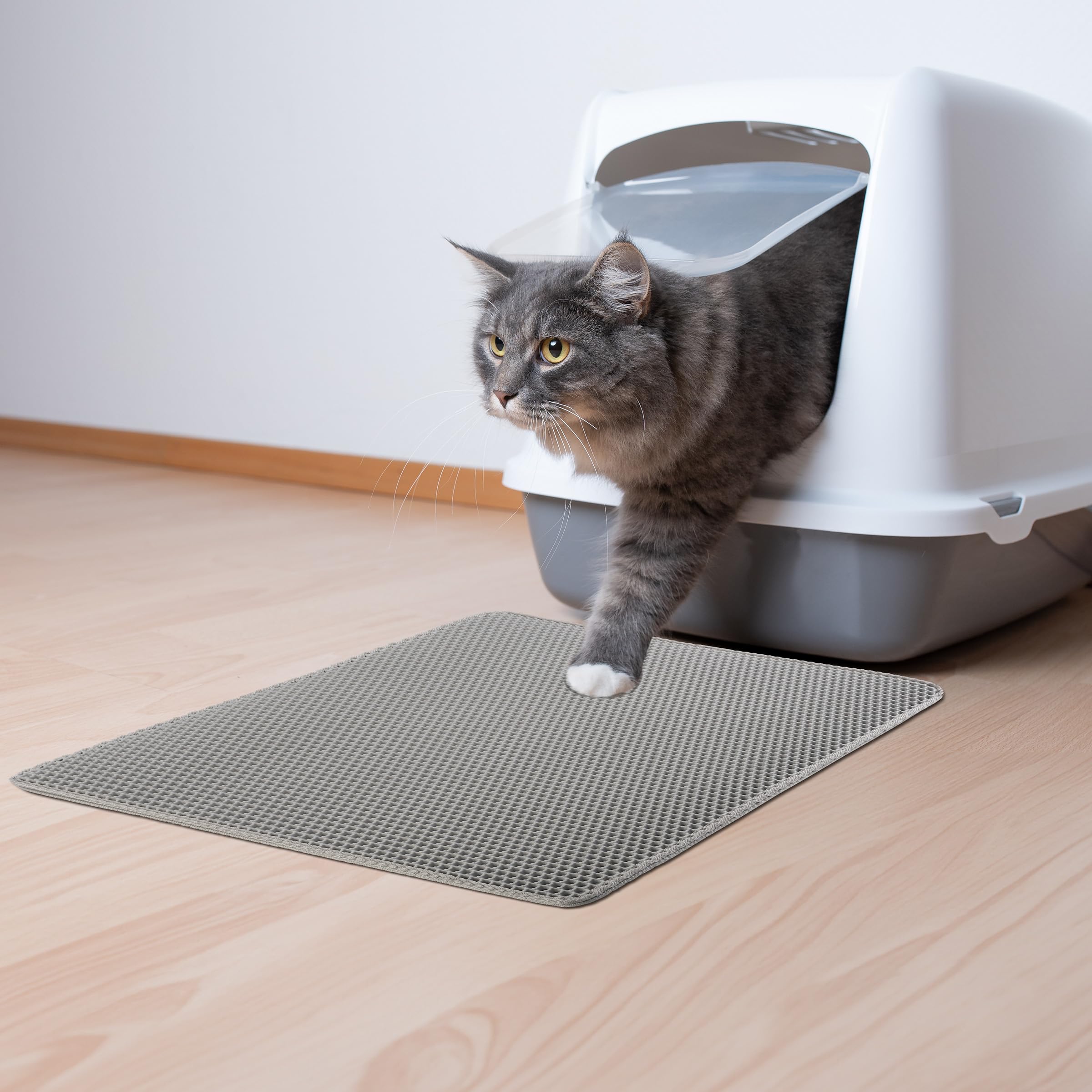 Cat Litter Mat - 24x15-Inch Waterproof Litter Box Mat with Dual-Layer Honeycomb Design for Trapping Litter - Slip-Resistant Cat Mat by PETMAKER (Gray)