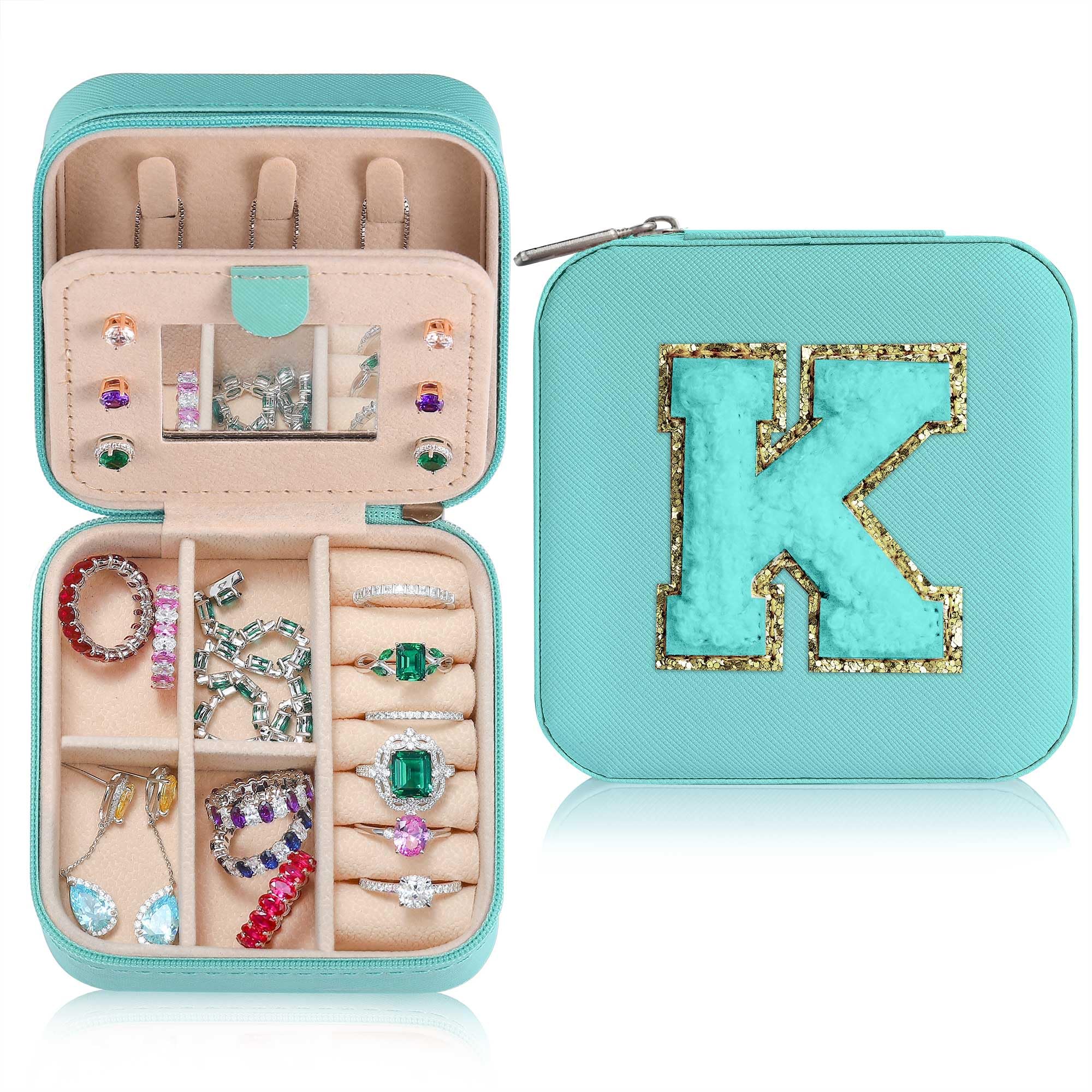 Parima Gifts for Mom from Daughter, Mothers Day Gifts for Mom Travel Jewelry Case Travel Jewelry Boxes for Women Mom Gifts Birthday Gifts for Mom Women Travel Gifts for Women - Letter K, Aqua Blue