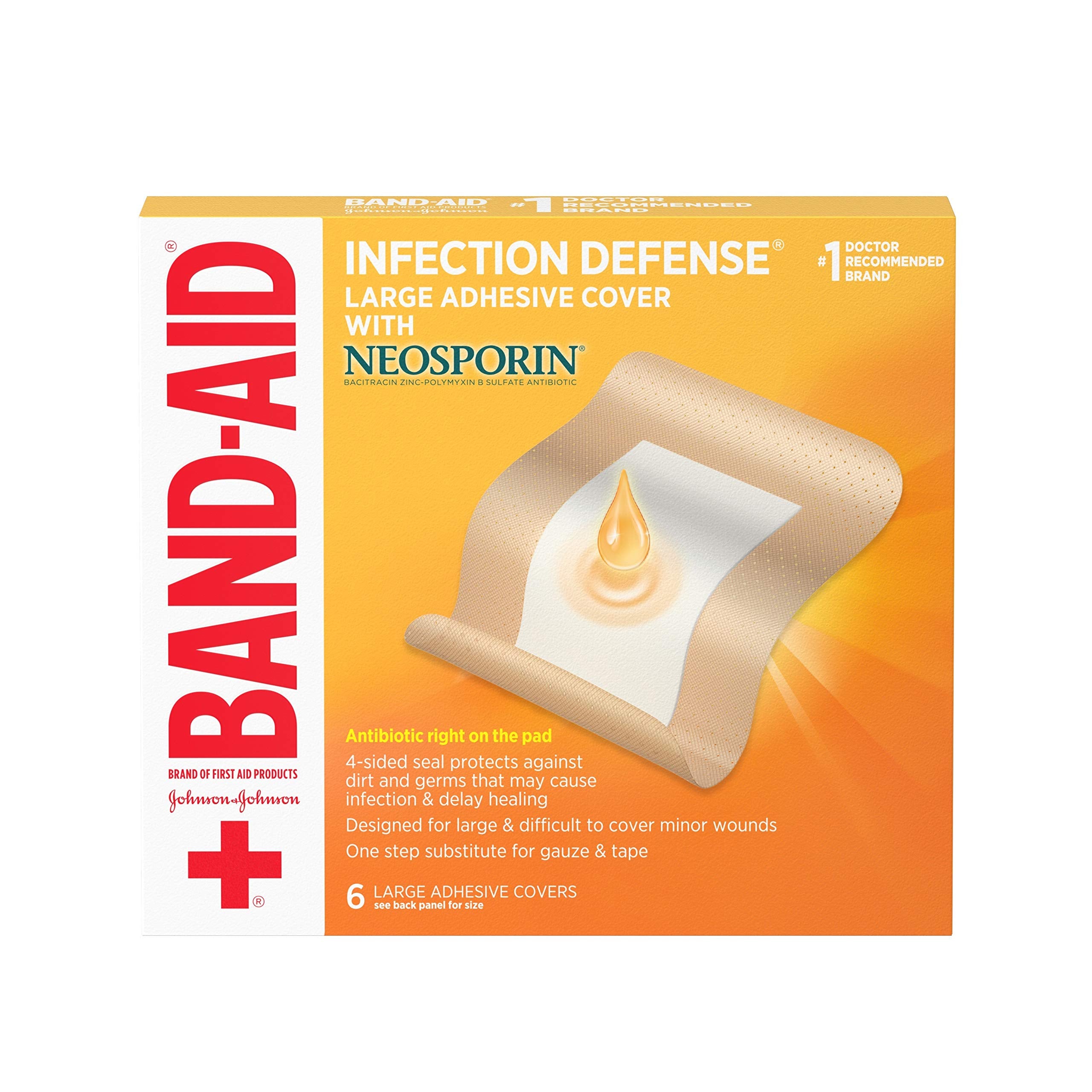 Band-Aid Brand Infection Defense Adhesive Wound Covers with Neosporin Antibiotic Ointment On The Pad for First Aid Wound Care, Bacitracin Zinc & Polymyxin B Sulfate, Sterile, Large, 6 ct