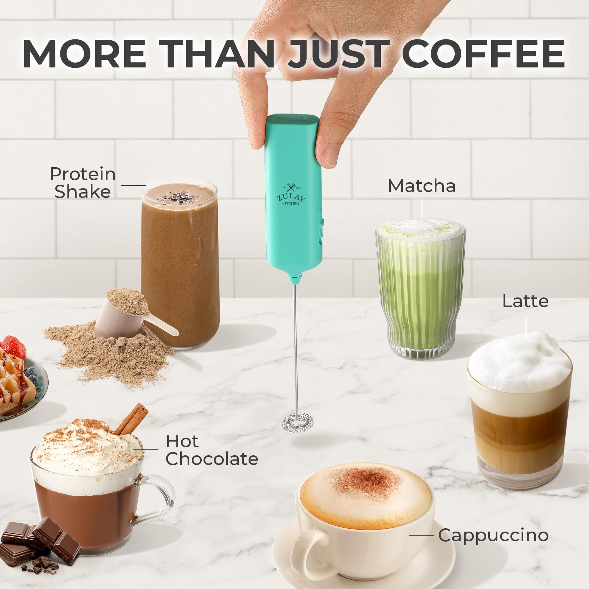 Powerful Milk Frother Wand - Mini & Mighty Handheld Drink Mixer - Portable Coffee Frother For Latte, Cappuccino, Matcha, Hot Chocolate, Creamer - Aqua