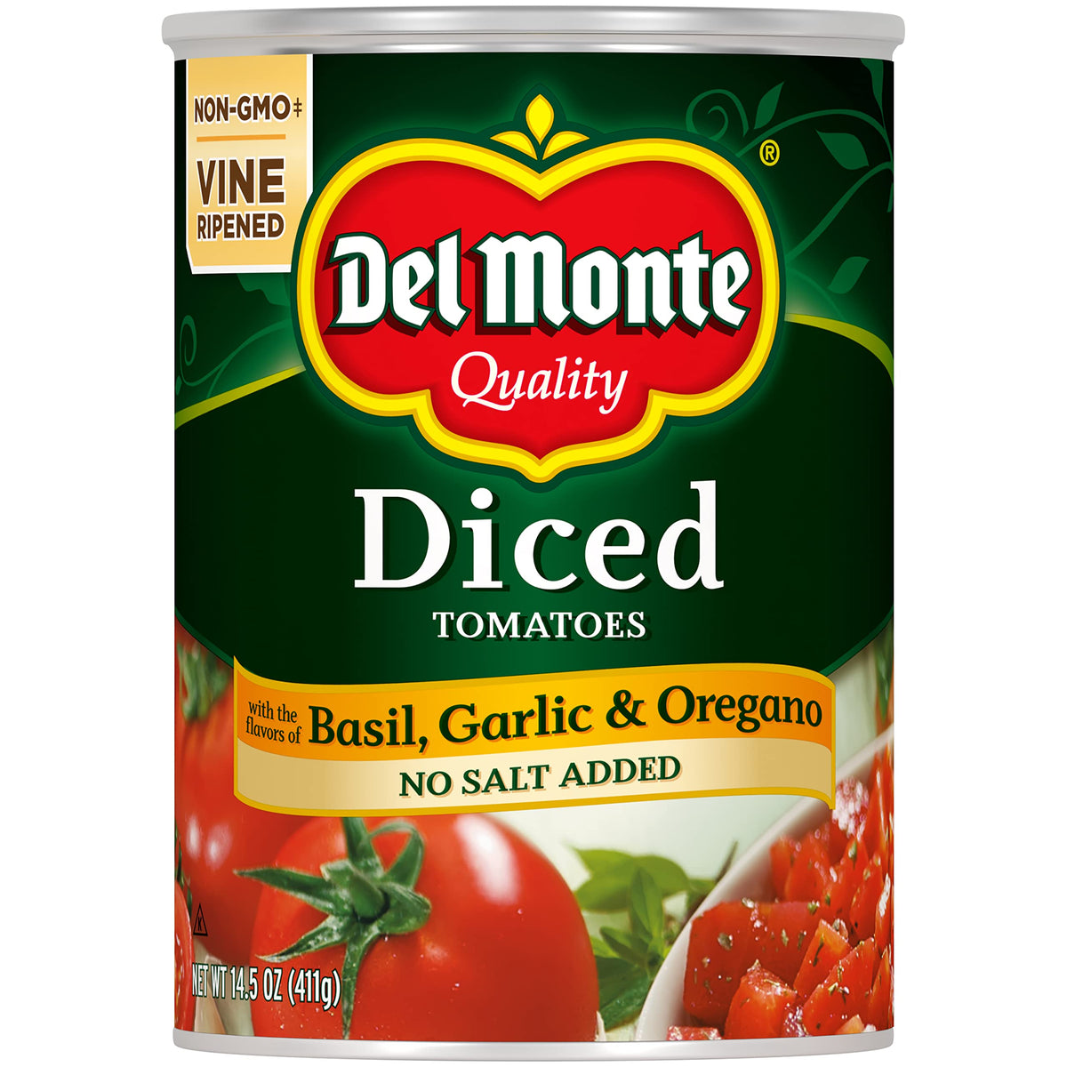 Del Monte Canned Diced Tomatoes with Basil, Garlic, Oregano and No Added Salt, 14.5 Ounce (Pack of 12)
