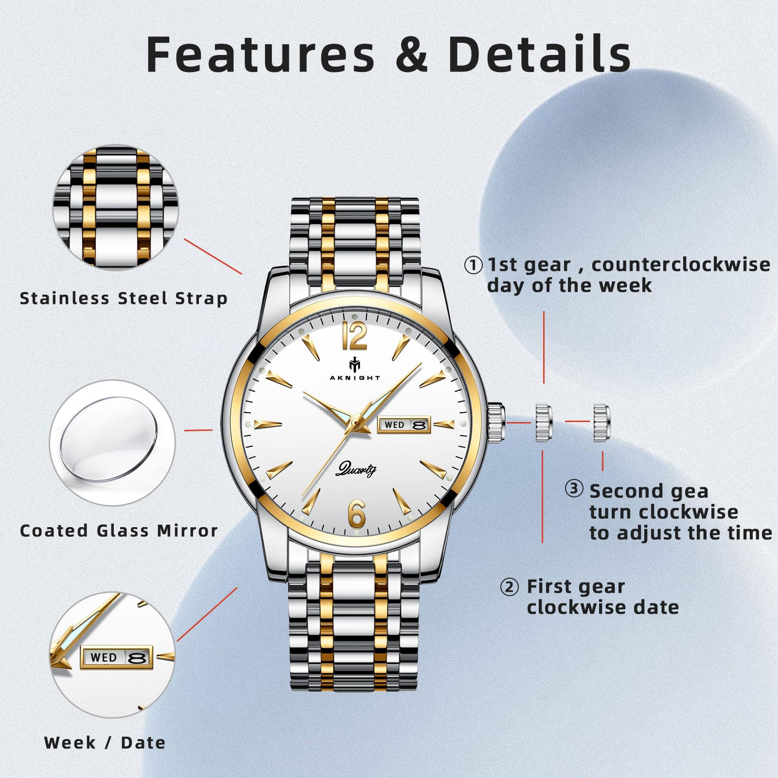 AKNIGHT Mens Watches Chronograph Stainless Steel Waterproof Date Analog Quartz Watch Business Wrist Watches for Men