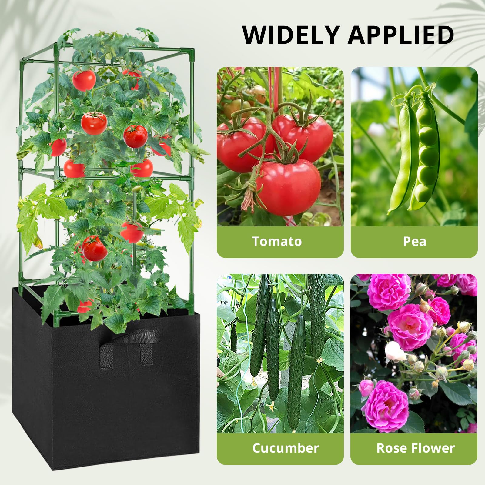 MQHUAYU 3 Pack Tomato Cages with 17 Gallon Grow Bags, 47” Heavy Duty Square Tomato Plant Stakes Support Cages Trellis for Garden Climbing Vegetables Flowers Fruits (47IN Tall, Extra-Bold)