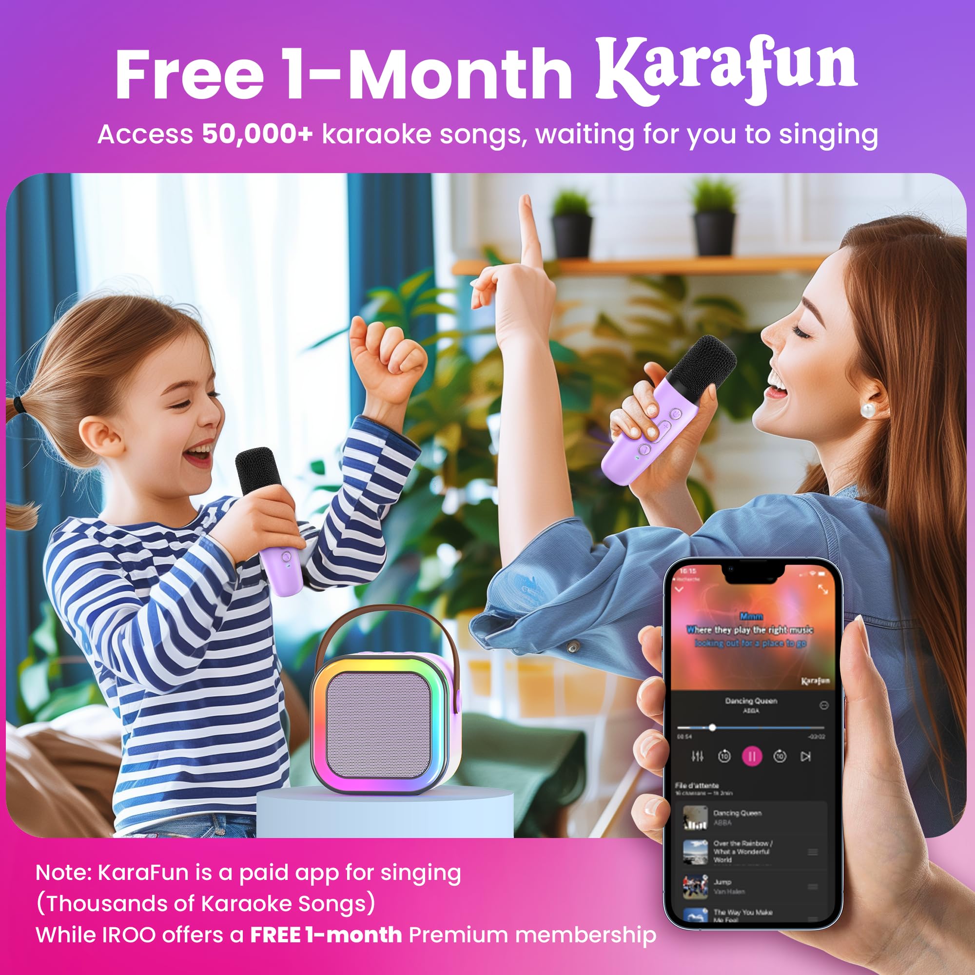 Mini Karaoke Machine for Kids, Christmas Birthday Gifts for Girls Boys Toy 4, 5, 6, 7, 8, 9, 10, 12+, Portable Bluetooth Speaker with 2 Wireless Mics, Karafun Premium Songs for All Ages(Purple)