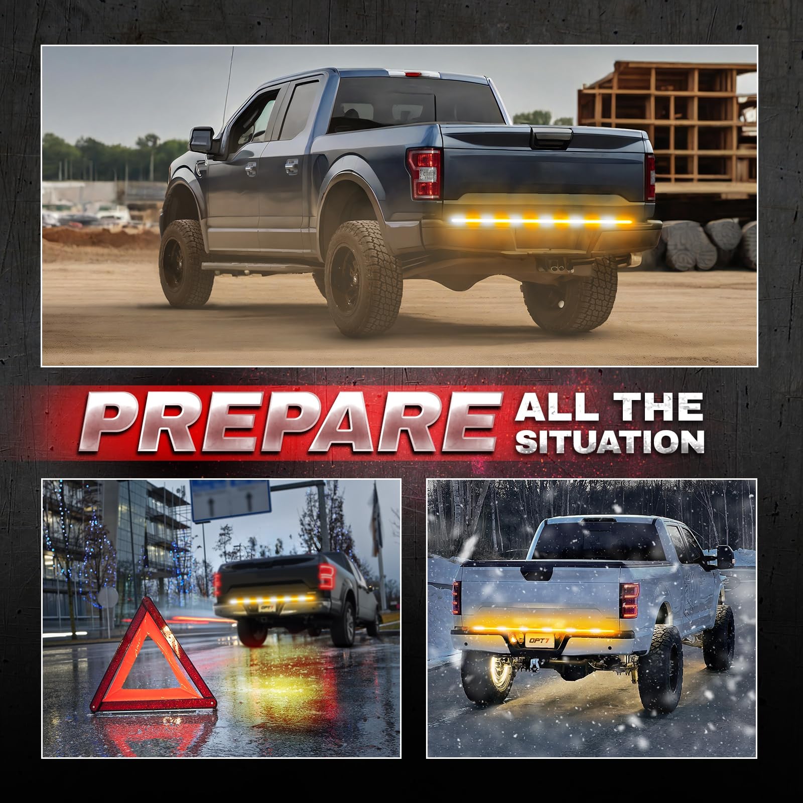 OPT7 60" Tailgate Strobe Light Bar, Double Row LED Aluminum Weatherproof Strobe Light Strip w/Amber White Flashing Warning Hazard Emergency Light for F150 Silverado Truck Trailer Construction Vehicles