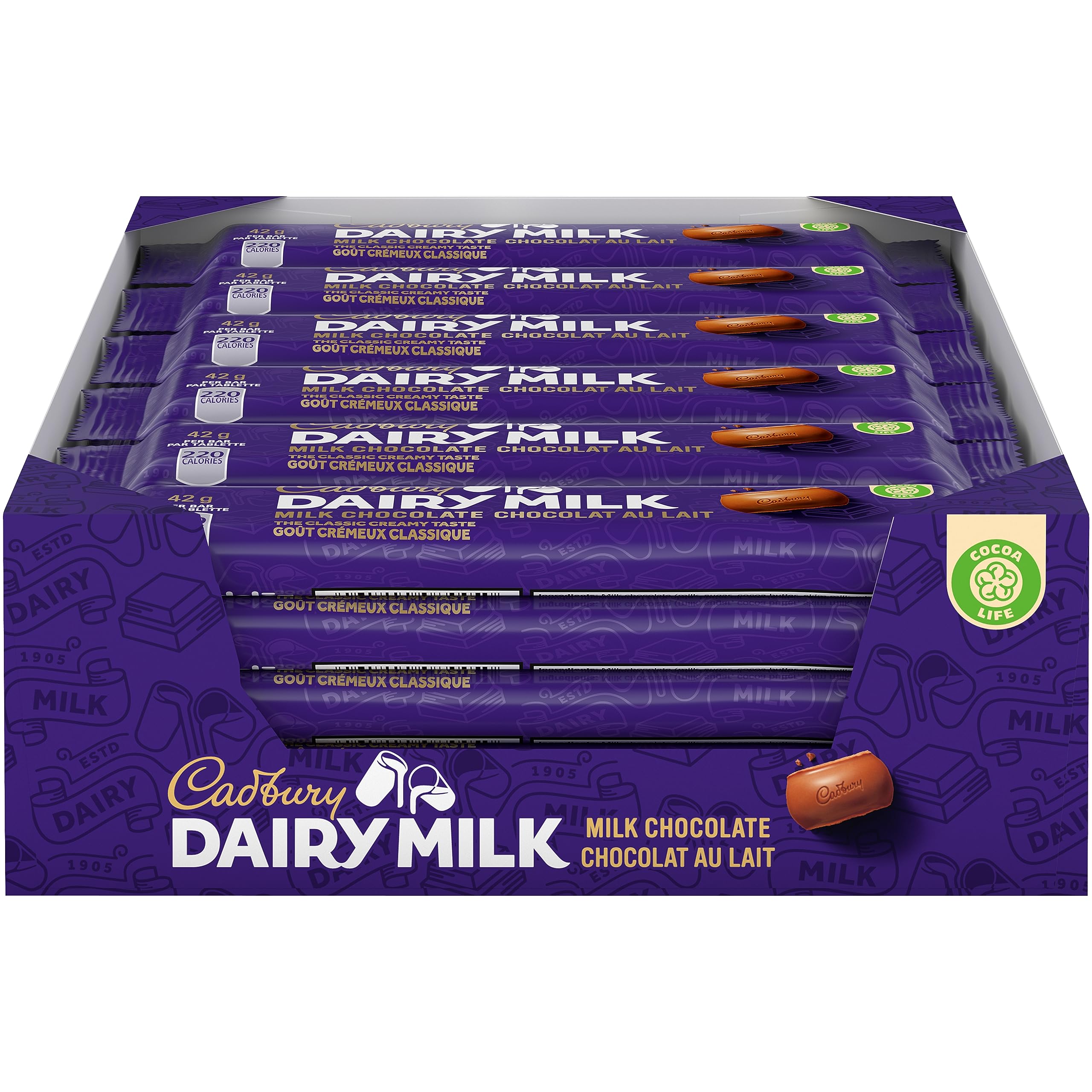 Cadbury Cholocate Bar, Regular Size 42g/Bar (Dairy Milk Milk Chocolate, 24 Packs)