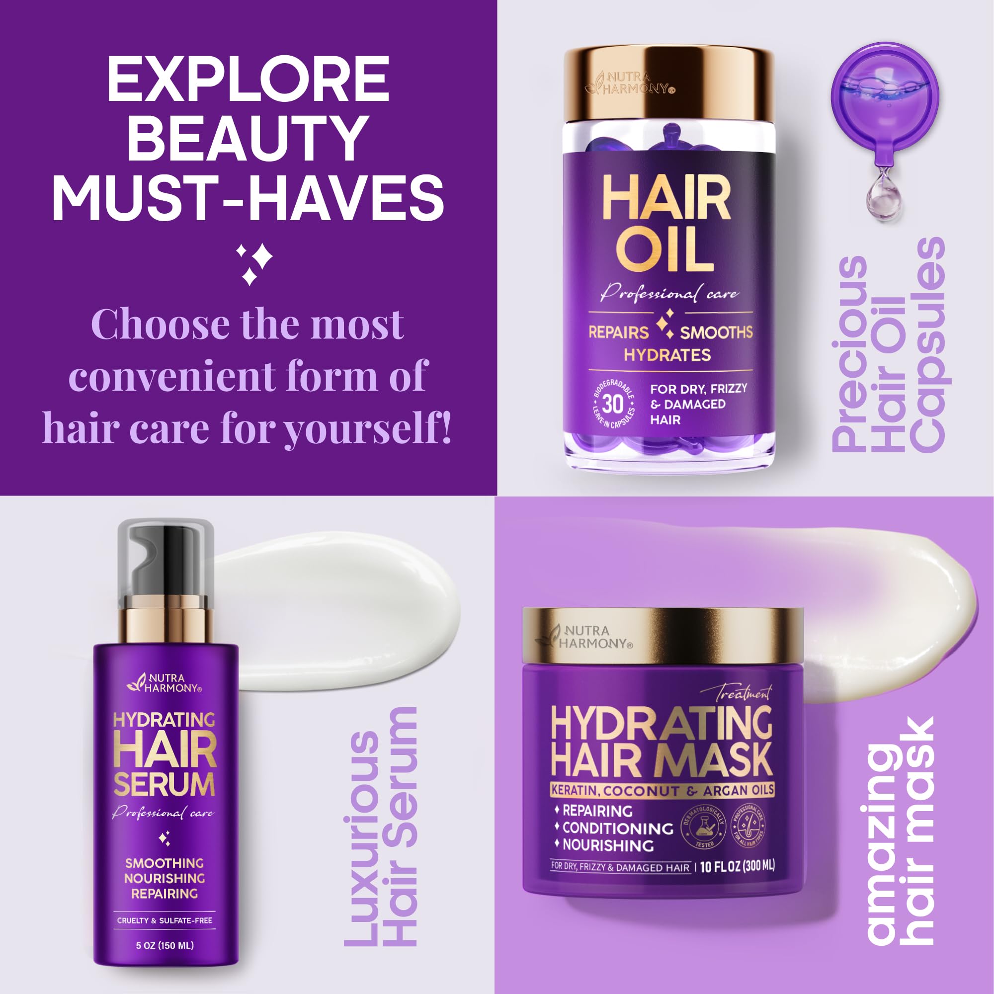 NUTRAHARMONY Hydrating Hair Serum – Keratin Hair Treatment for Dry, Frizzy, Damaged Hair – Biotin, Castor & Rosemary Oils – Anti‑Frizz, Heat Protectant & Split Ends Repair for Smooth, Shiny Hair, 5oz