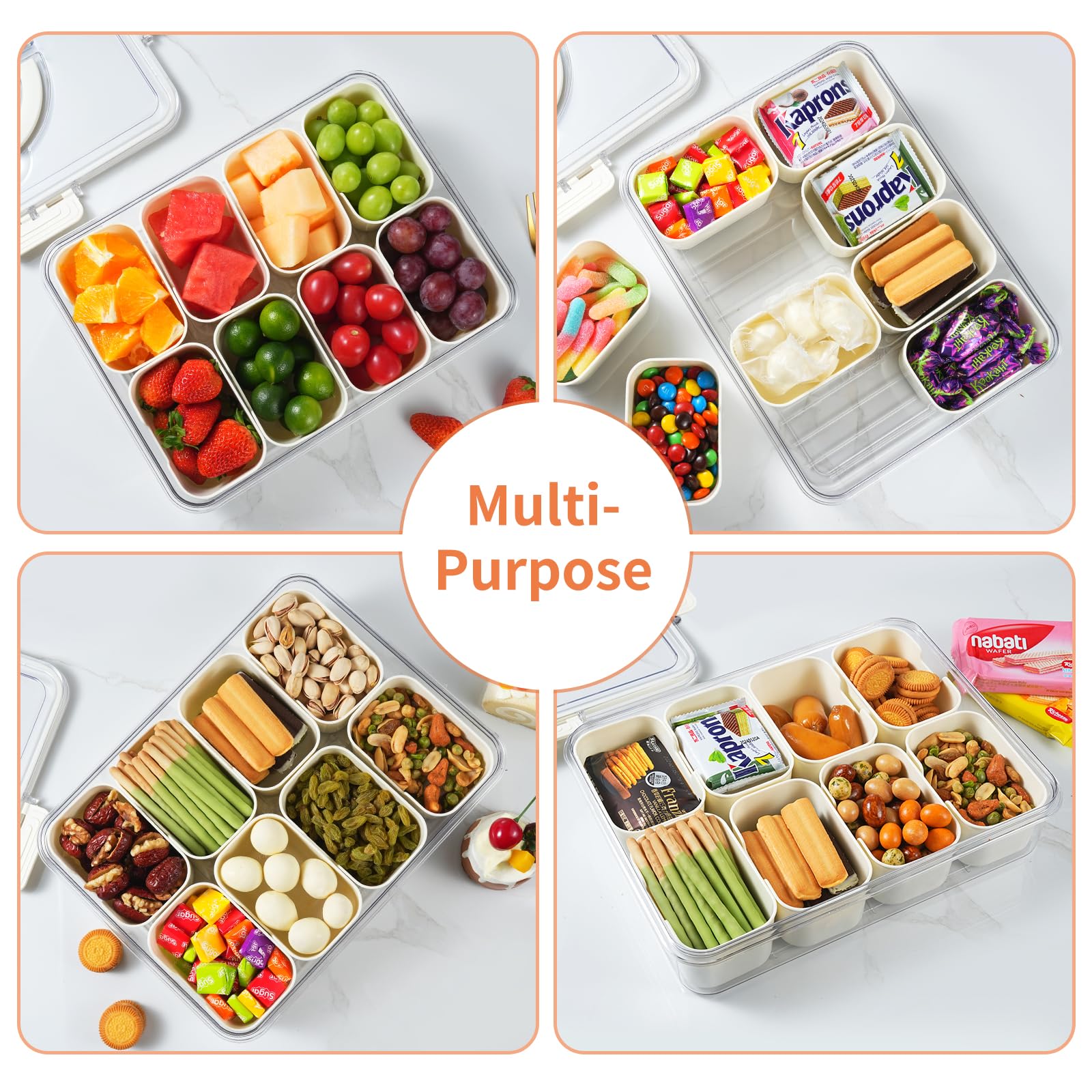 Snackle Box Container Divided Serving Tray with Lid and Handle 8 Compartment Snack Container Fruit Tray White Snack Box Container Snackle Box Charcuterie Container for Fruits, Nuts, Cookies, Candies