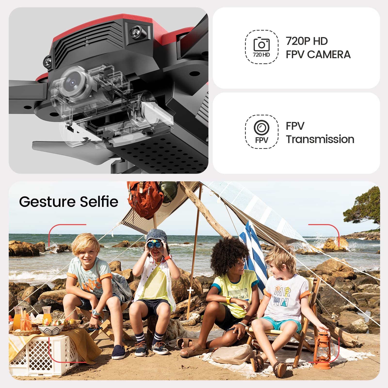 DEERC D20 Mini Drone for Kids with 720P HD FPV Camera Remote Control Toys Gifts for Boys Girls with Altitude Hold, Headless Mode, One Key Start Speed Adjustment, 3D Flips 2 Batteries, Red