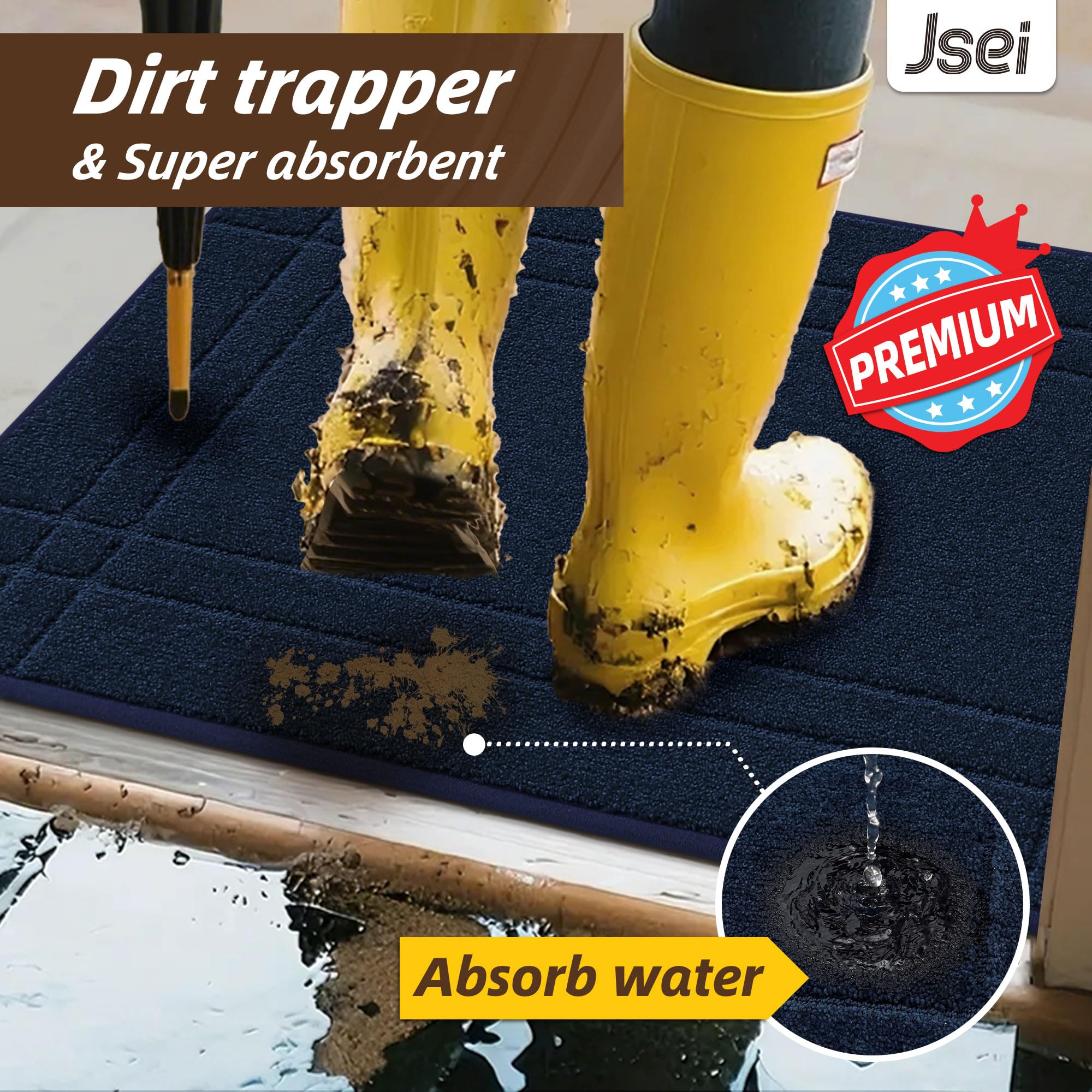 JSEI Entryway Rugs Doormat 20"x32", Non-Slip Dirt Trapper Door Mats Indoor, Washable Absorbent and Stain Resist Welcome Floor Mat for Front Door, Dog Door Mat, Muddy Wet Shoes & Paws, Navy Blue